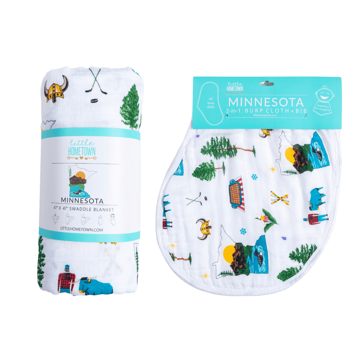 Conjunto de regalo: manta de muselina para envolver al bebé y paño eructador/babero combinados de Minnesota Baby
