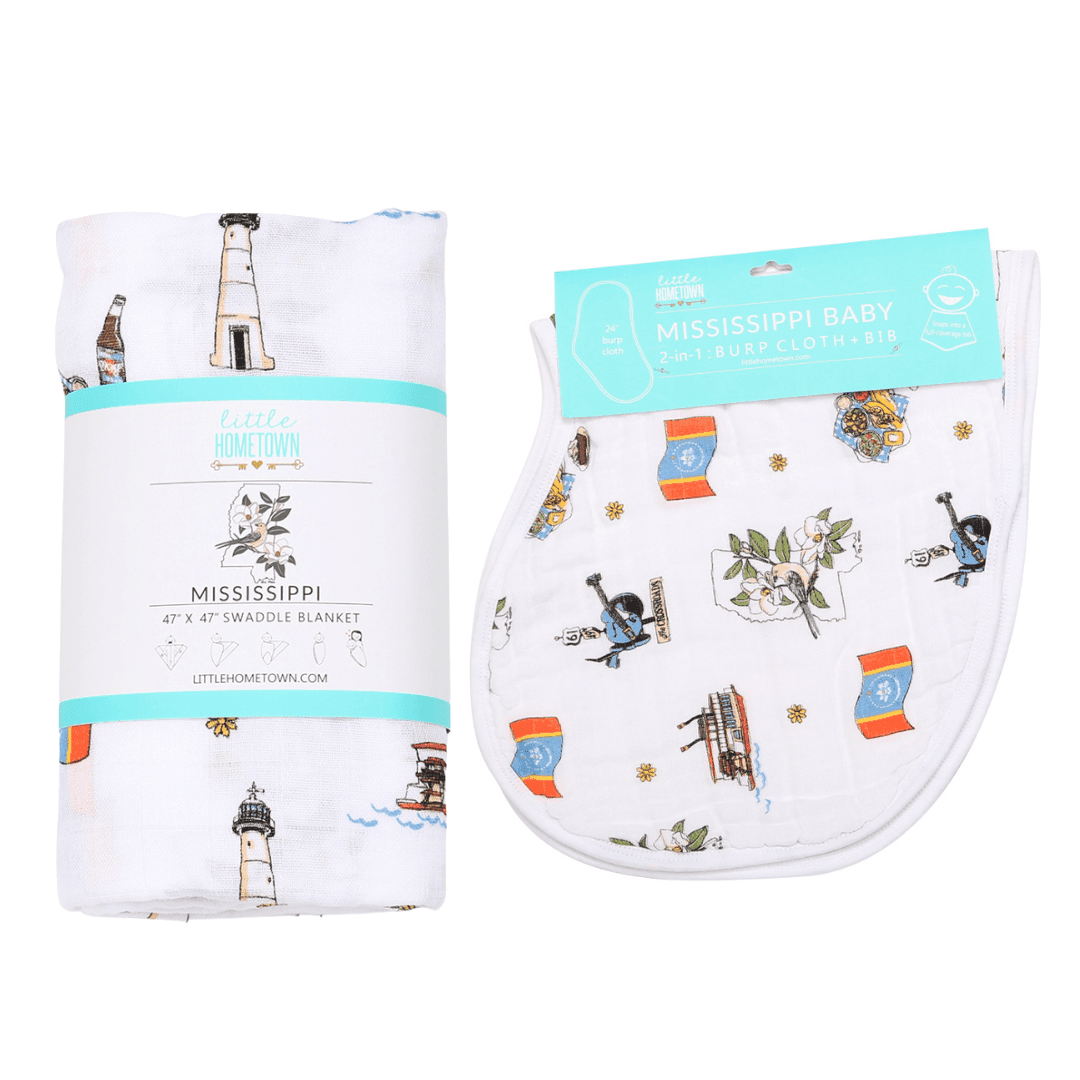 Conjunto de regalo: manta de muselina Mississippi para envolver al bebé y paño para eructar/babero combinado