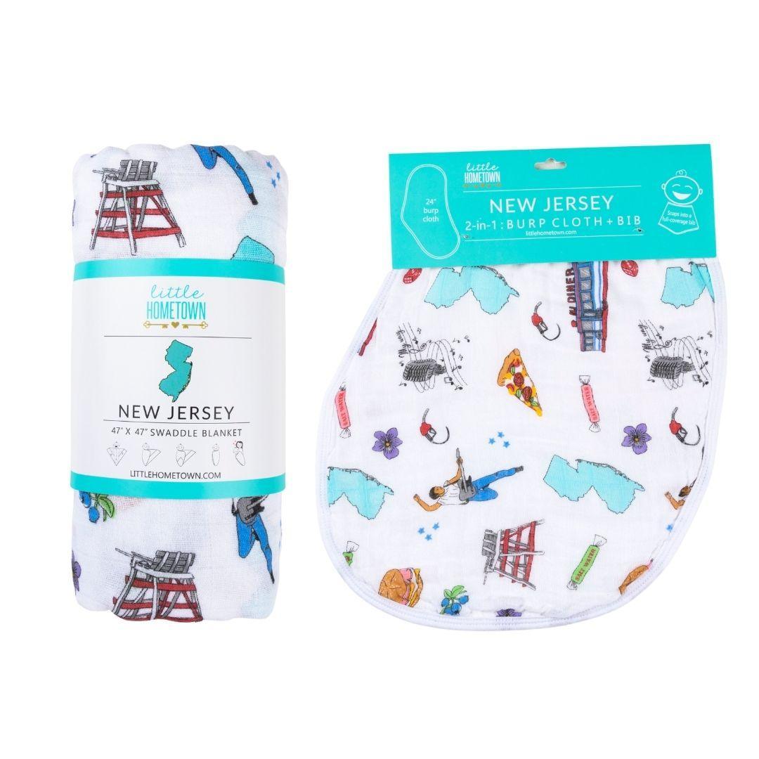 Conjunto de regalo: manta de muselina para envolver al bebé y paño para eructar/babero combinados de New Jersey Baby
