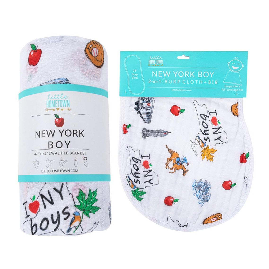Conjunto de regalo: manta de muselina para envolver al bebé y paño para eructar/babero combinados para niño de New York Baby