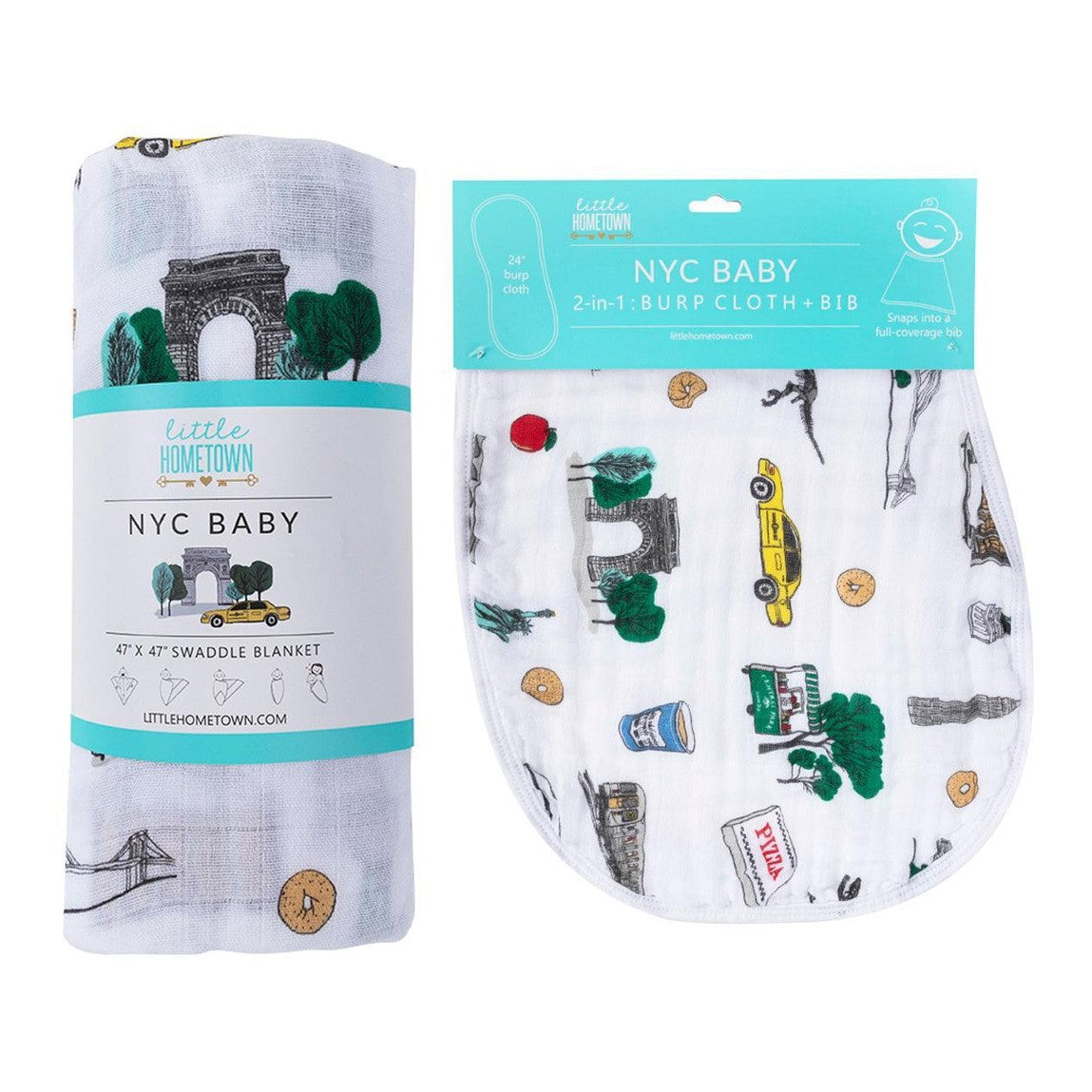Conjunto de regalo: manta de muselina para bebé y babero/paño para eructar de la ciudad de Nueva York