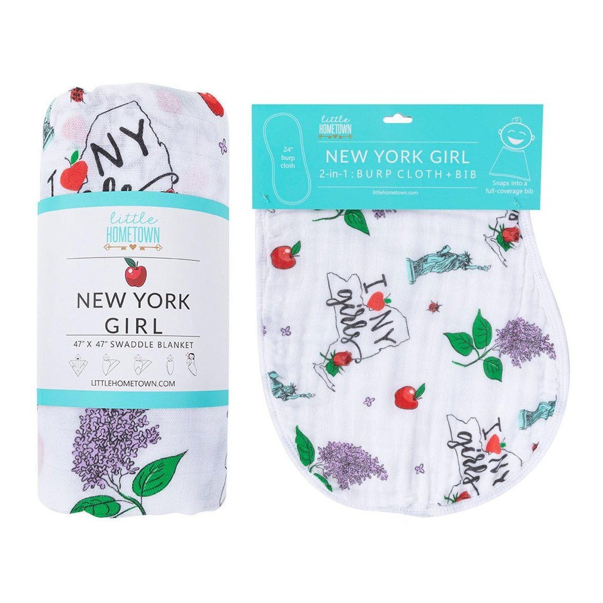 Conjunto de regalo: manta de muselina para bebé y babero/paño para eructar de New York Girl