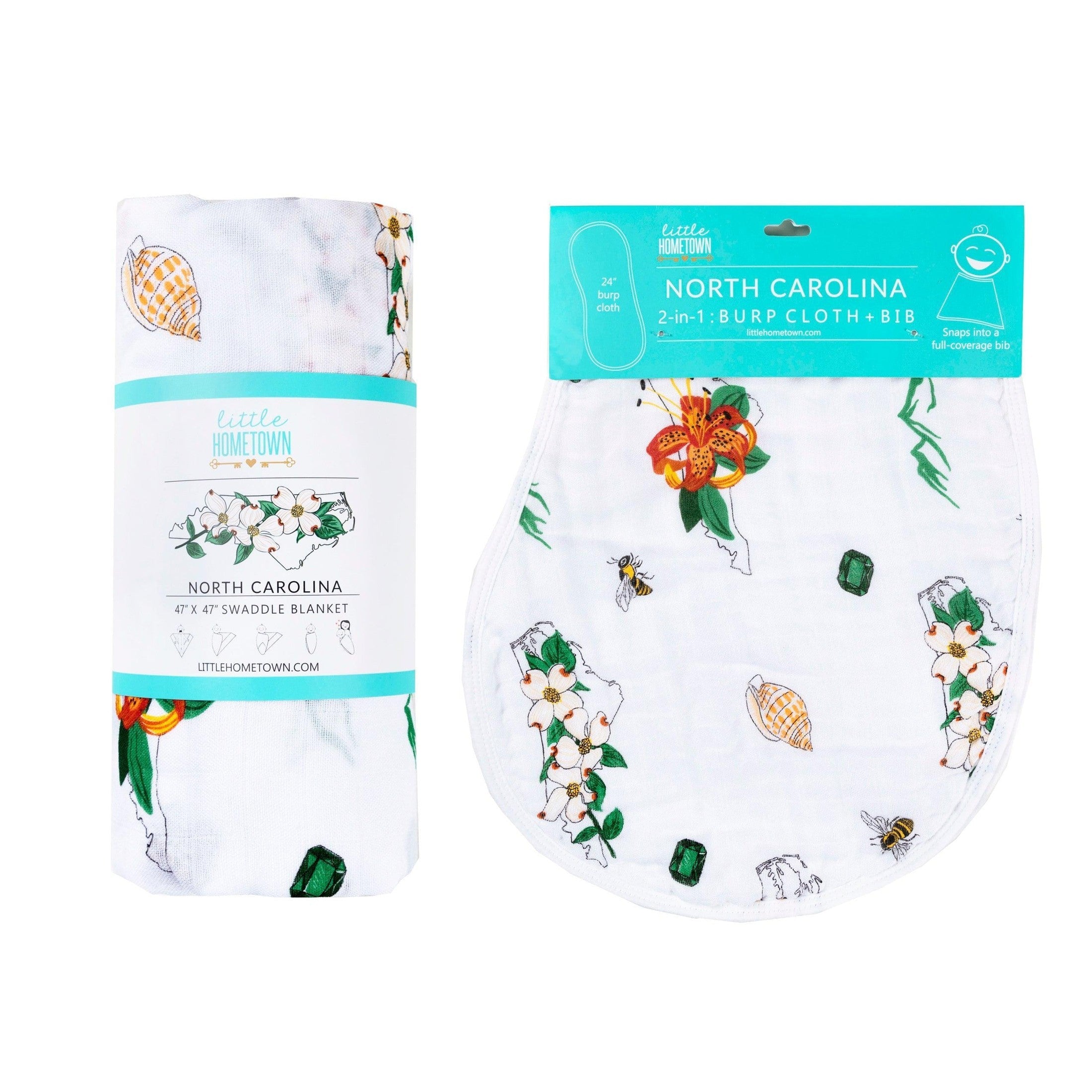 Conjunto de regalo: manta de muselina para envolver al bebé y paño eructador/babero combinados de Carolina del Norte (floral)