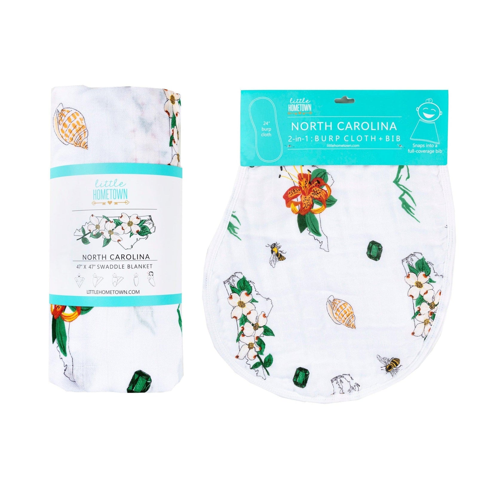 Conjunto de regalo: manta de muselina para envolver al bebé y paño eructador/babero combinados de Carolina del Norte (floral)