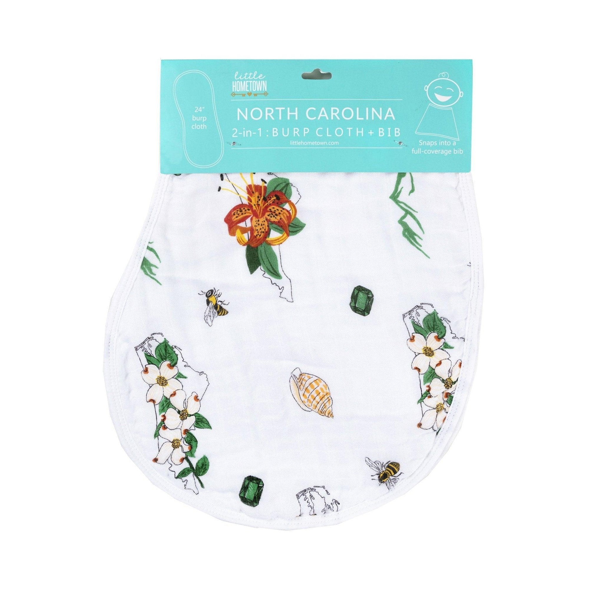 Conjunto de regalo: manta de muselina para envolver al bebé y paño eructador/babero combinados de Carolina del Norte (floral)