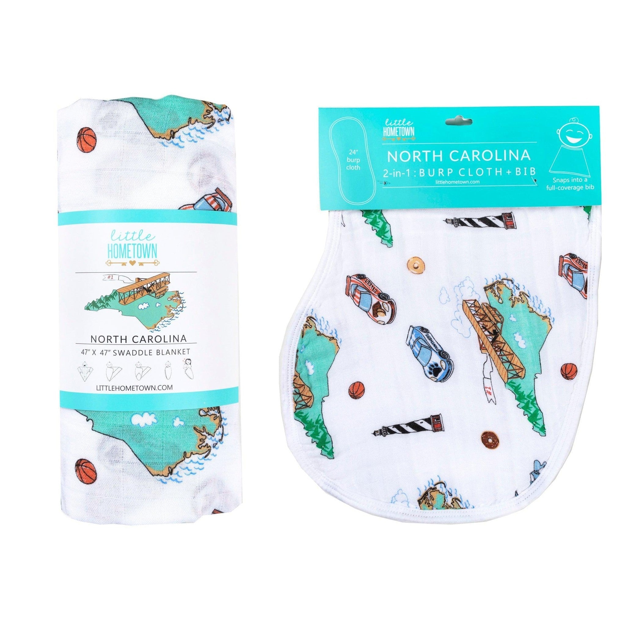 Conjunto de regalo: manta de muselina para envolver al bebé y paño eructador/babero combinados de Carolina del Norte