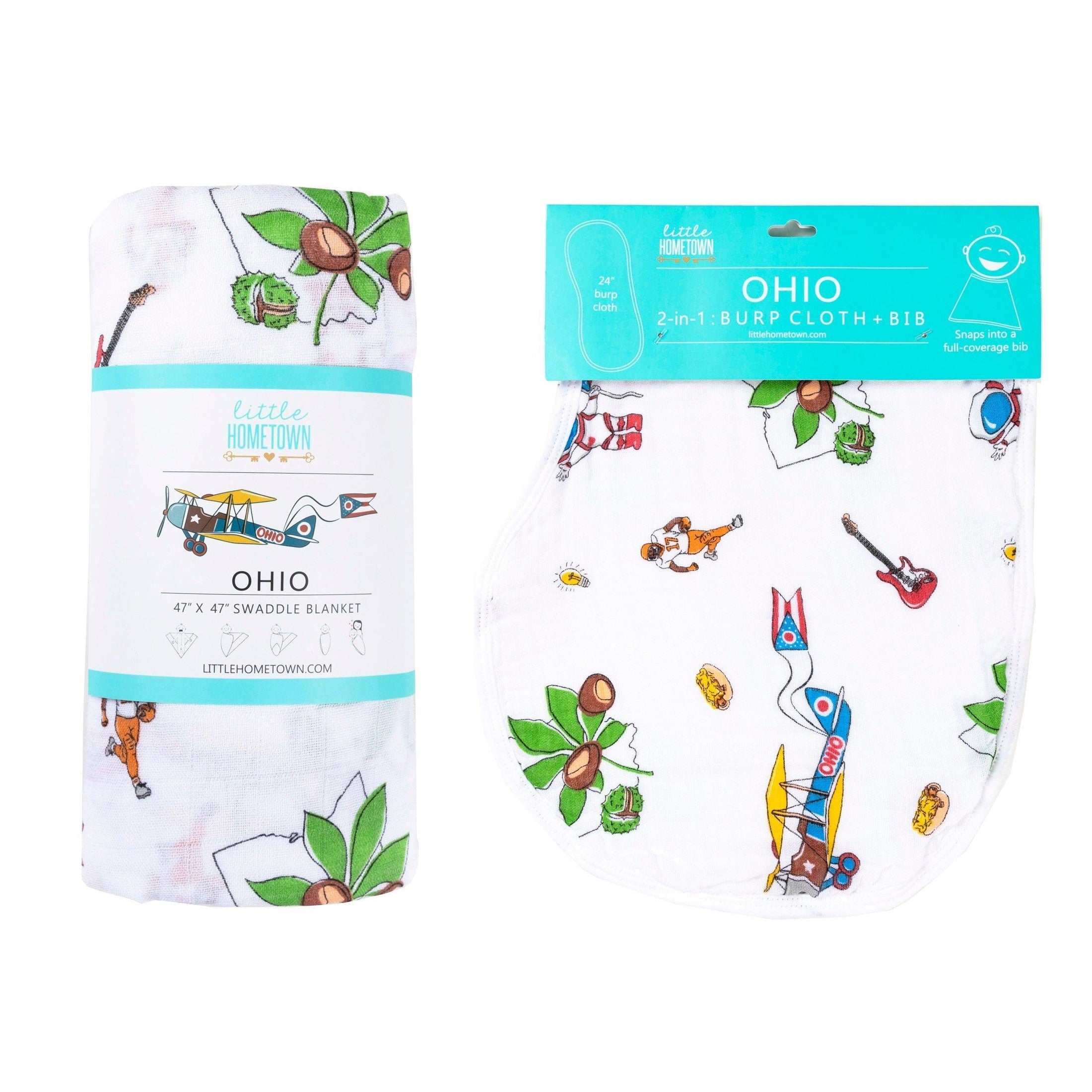 Conjunto de regalo: manta de muselina para envolver al bebé y paño para eructar/babero combinados de Ohio Baby