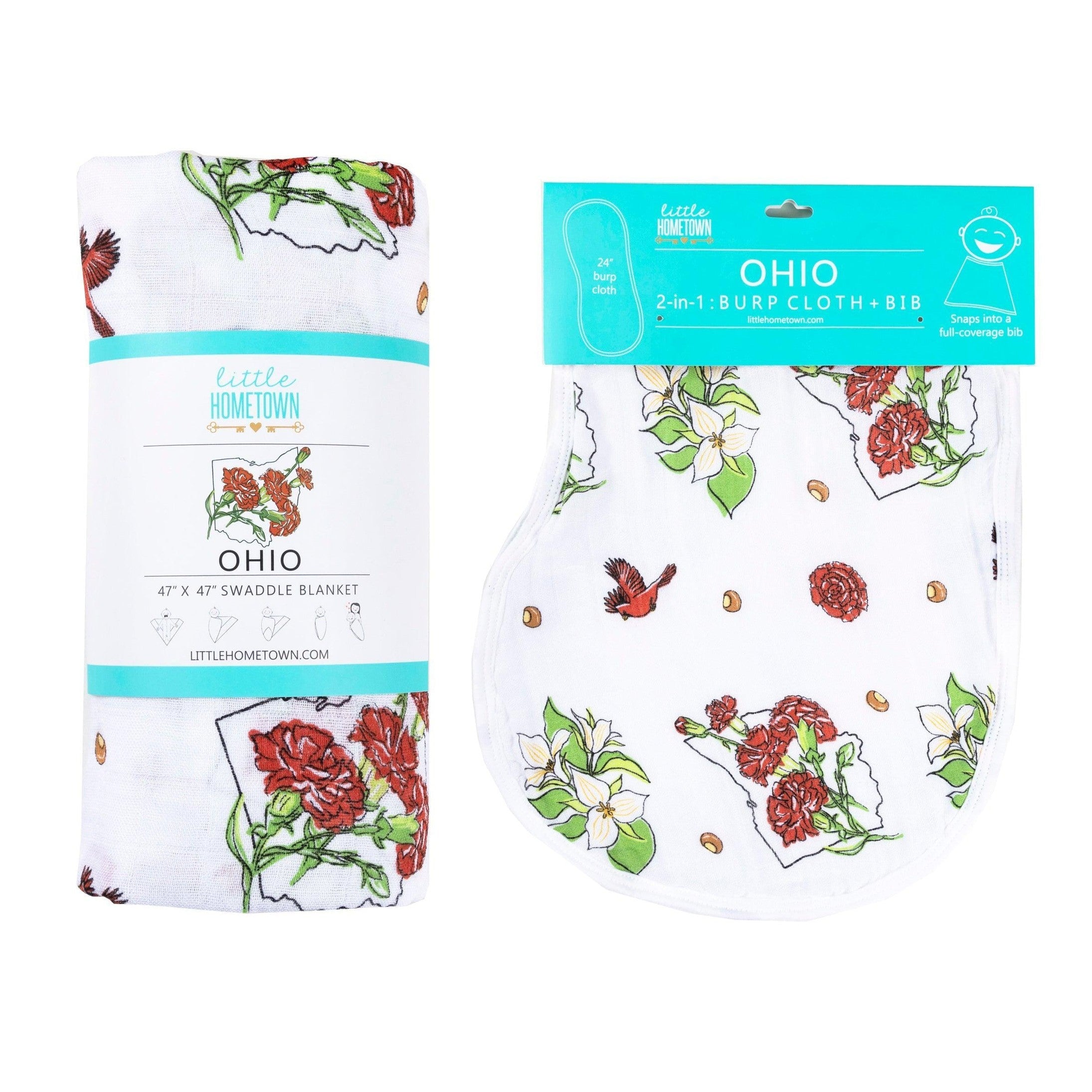 Conjunto de regalo: manta de muselina para envolver al bebé Ohio Baby (floral) y babero/eructo combinado
