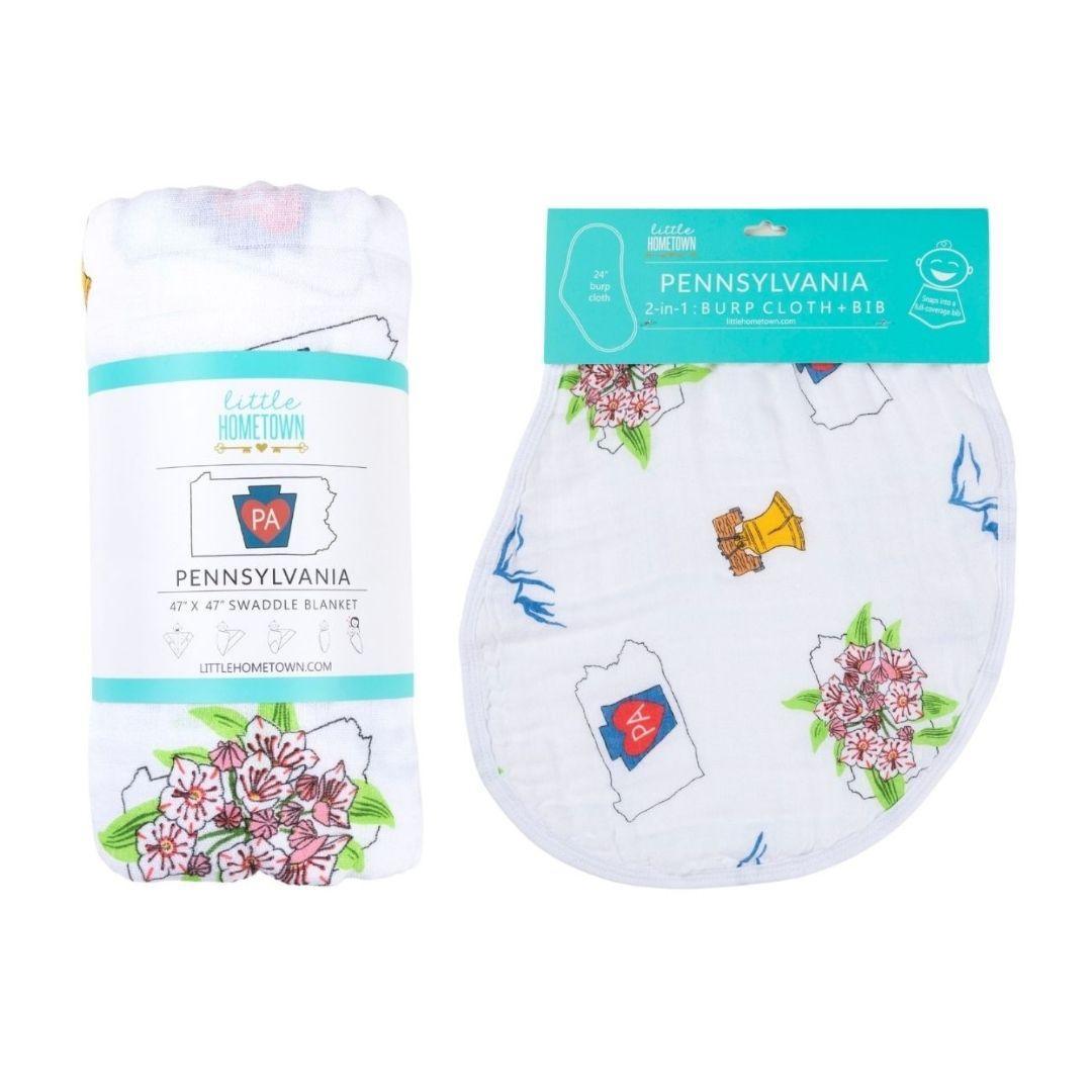 Conjunto de regalo: manta de muselina para envolver al bebé y paño eructador/babero combinados de Pennsylvania Baby