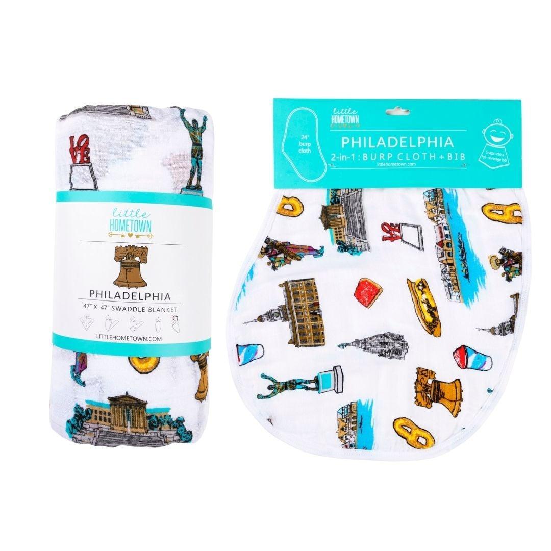 Conjunto de regalo: manta de muselina para envolver al bebé y paño eructador/babero combinados de Philadelphia Baby
