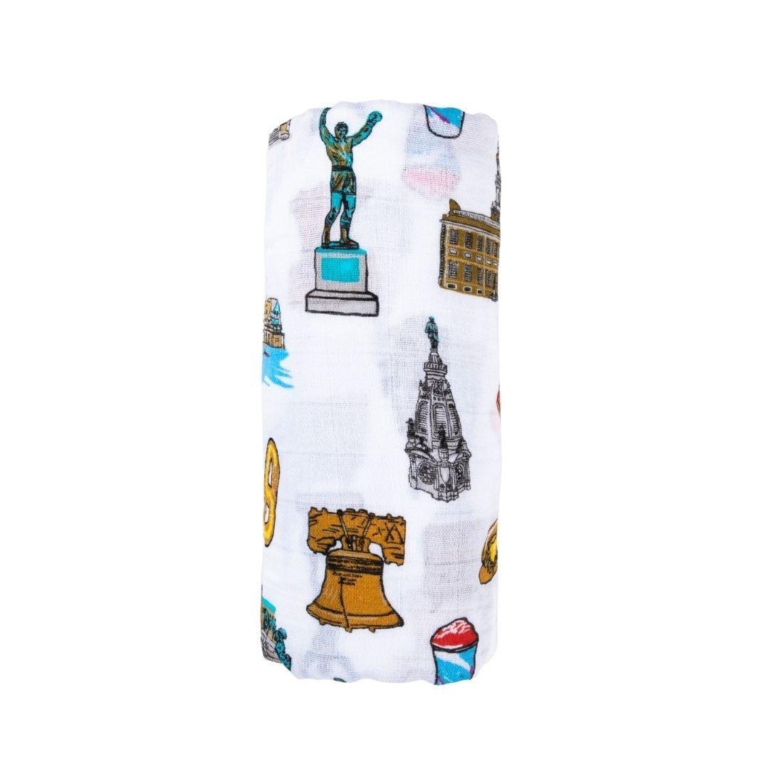 Conjunto de regalo: manta de muselina para envolver al bebé y paño eructador/babero combinados de Philadelphia Baby