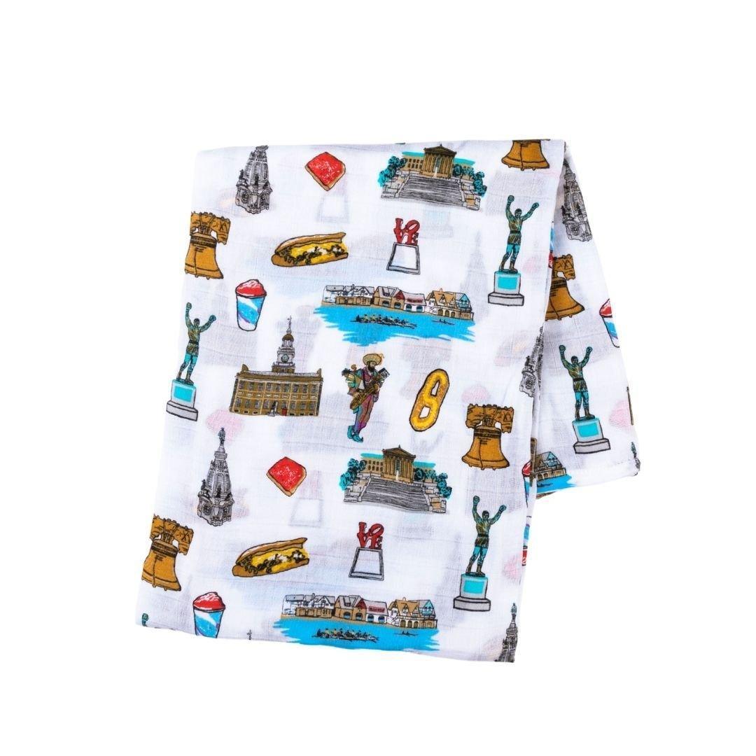 Conjunto de regalo: manta de muselina para envolver al bebé y paño eructador/babero combinados de Philadelphia Baby