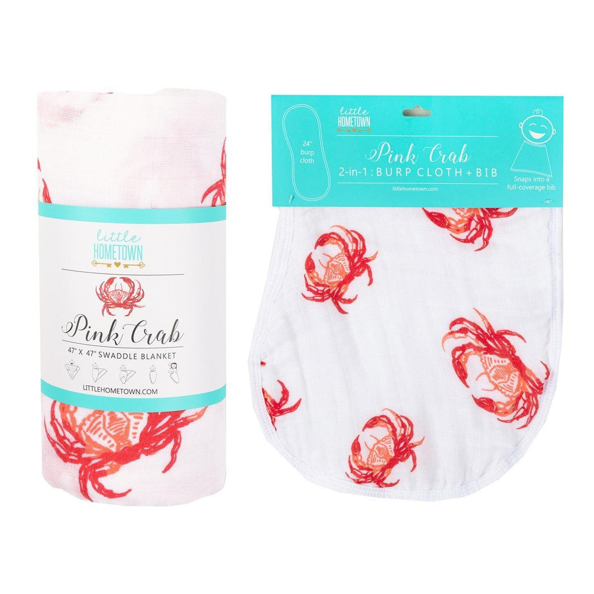 Conjunto de regalo: manta de muselina para bebé con forma de cangrejo rosa y babero/paño para eructar combinado