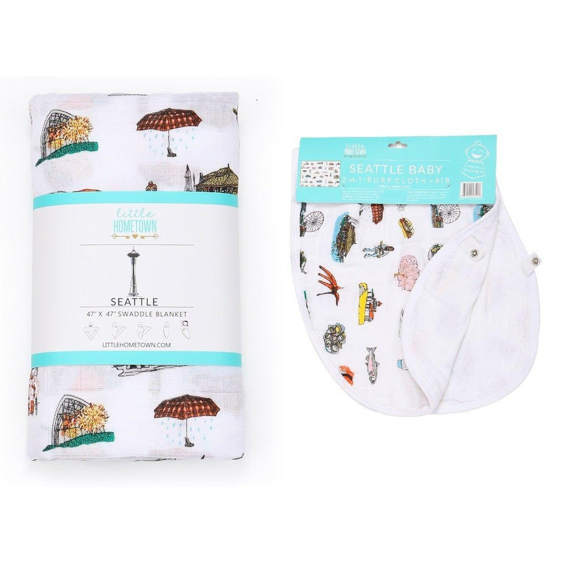 Conjunto de regalo: manta de muselina para envolver al bebé y paño eructador/babero combinados de Seattle Baby