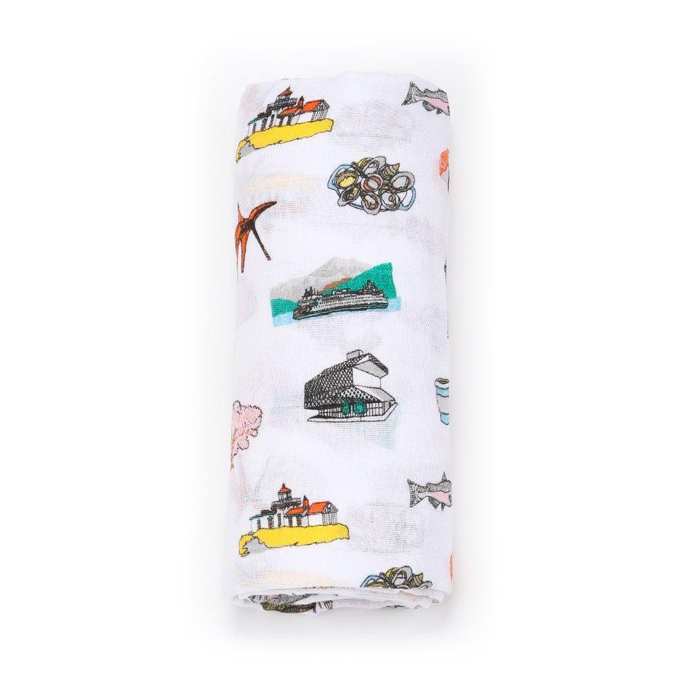 Conjunto de regalo: manta de muselina para envolver al bebé y paño eructador/babero combinados de Seattle Baby