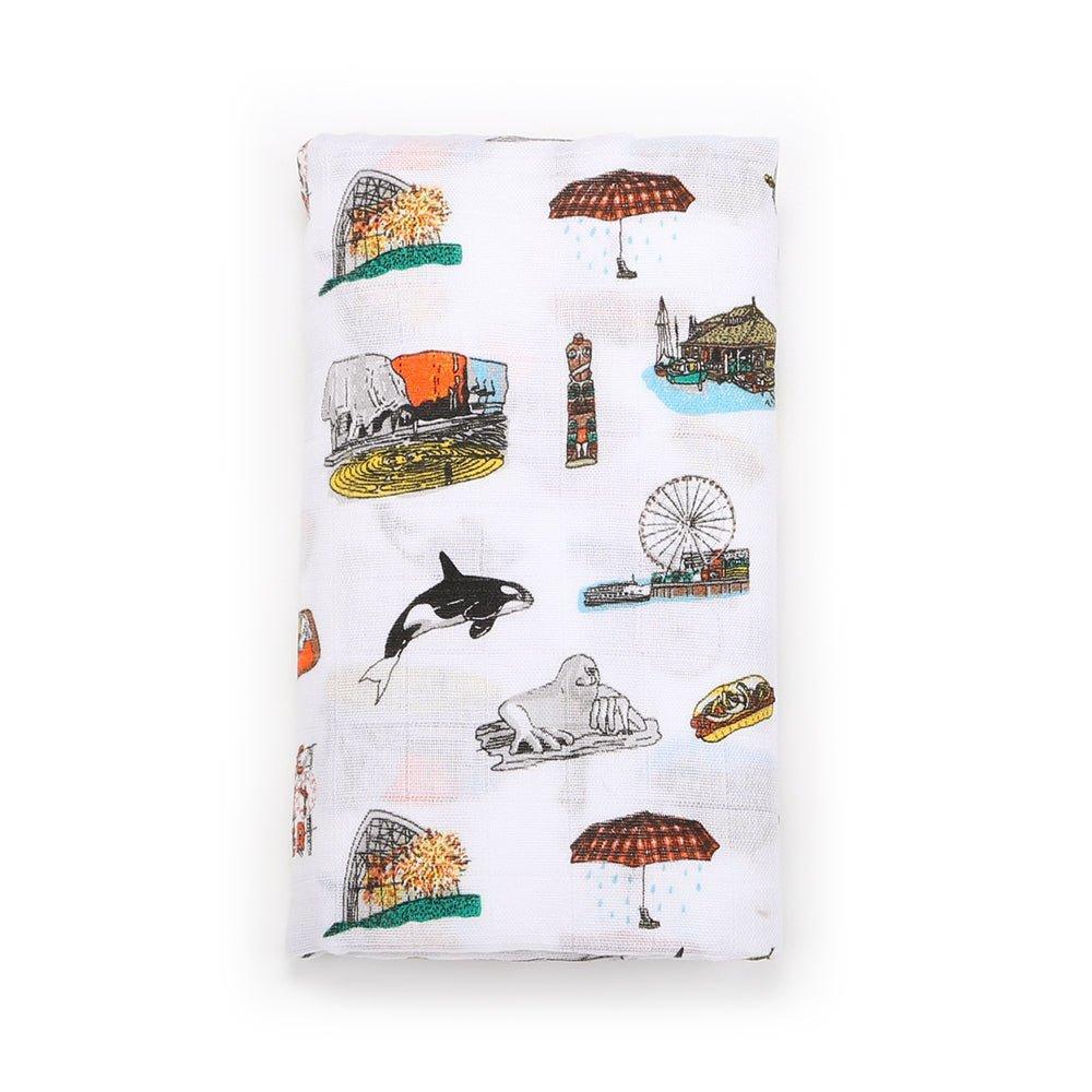 Conjunto de regalo: manta de muselina para envolver al bebé y paño eructador/babero combinados de Seattle Baby