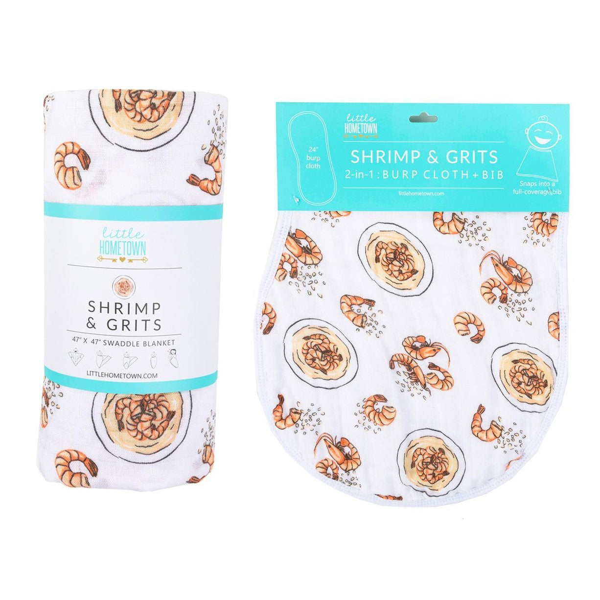Conjunto de regalo: manta de muselina para bebé Shrimp'n Grits y paño eructador/babero combinado