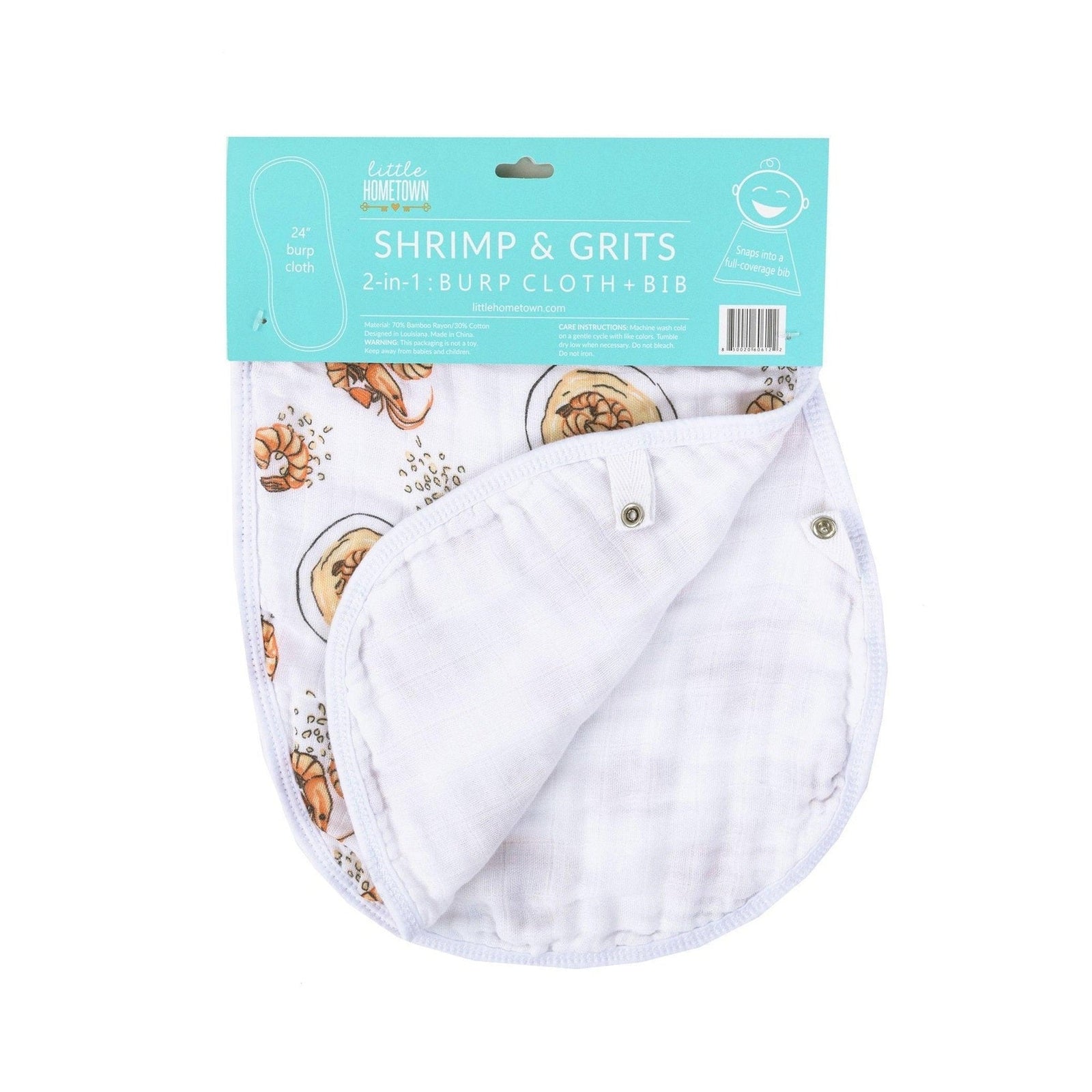Conjunto de regalo: manta de muselina para bebé Shrimp'n Grits y paño eructador/babero combinado
