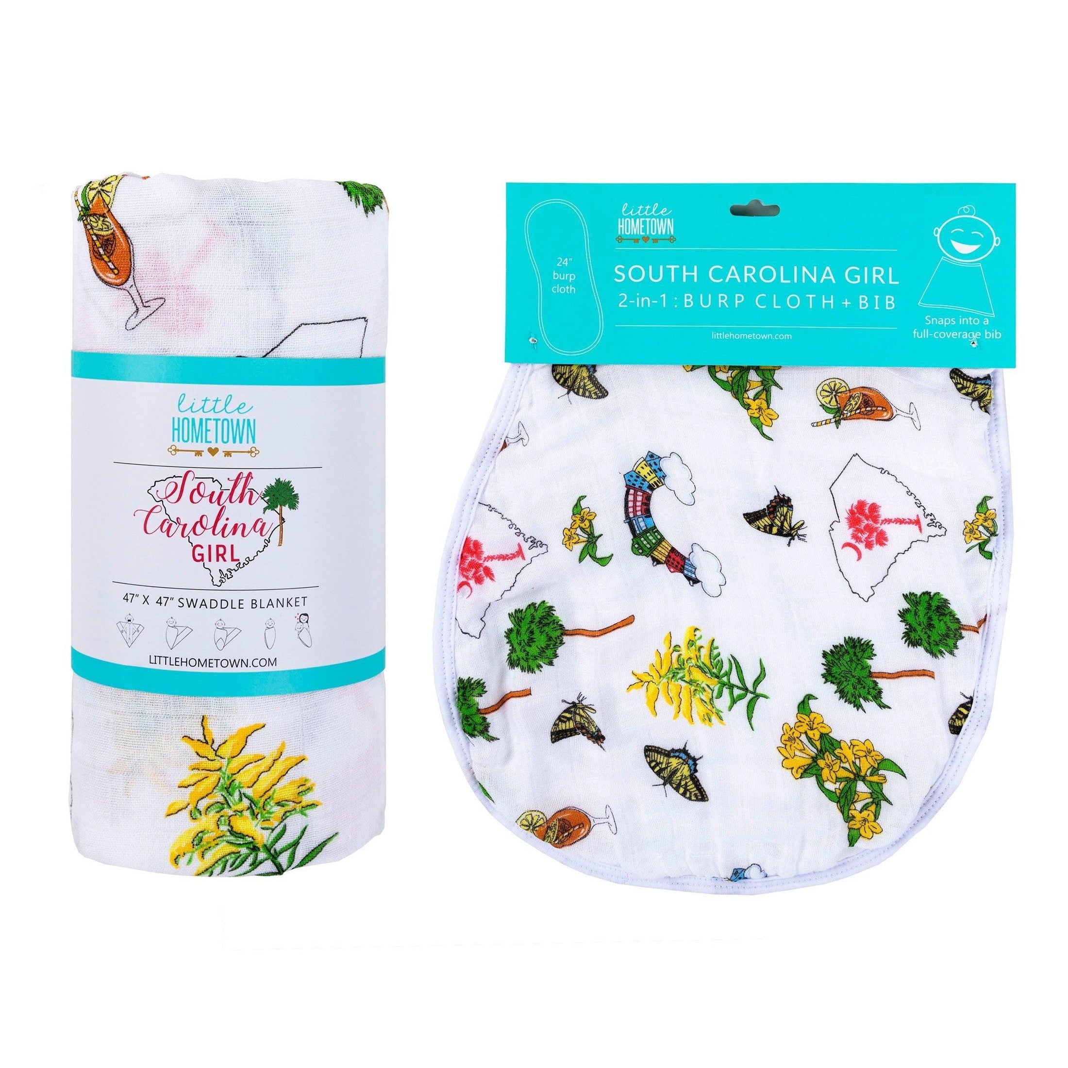 Conjunto de regalo: manta de muselina para bebé niña de Carolina del Sur y paño eructador/babero combinado