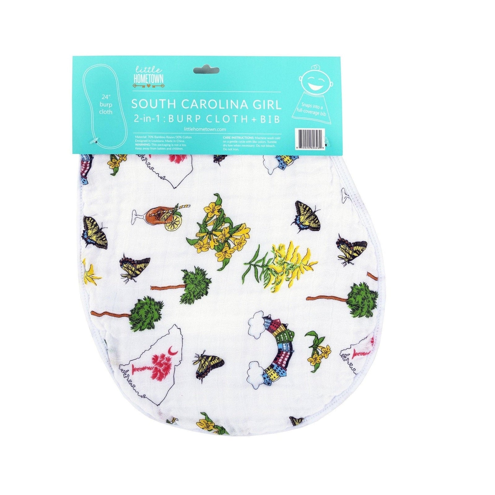 Conjunto de regalo: manta de muselina para bebé niña de Carolina del Sur y paño eructador/babero combinado