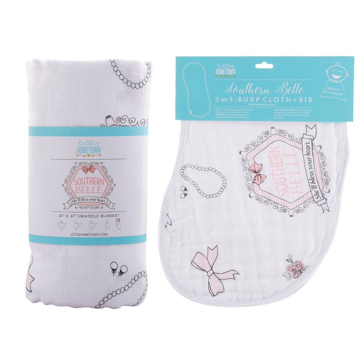 Conjunto de regalo: manta de muselina para envolver al bebé y paño eructador/babero combinados Southern Belle