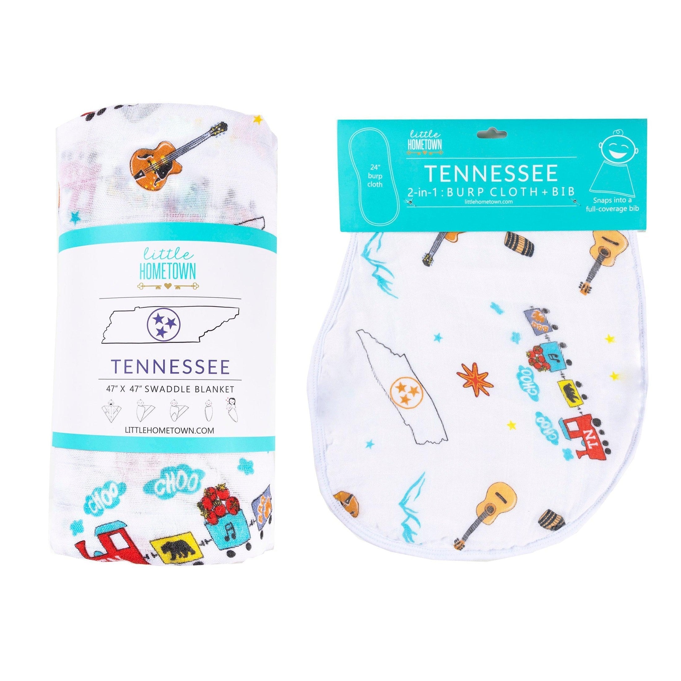 Conjunto de regalo: manta de muselina para envolver al bebé y paño eructador/babero combinados de Tennessee Baby
