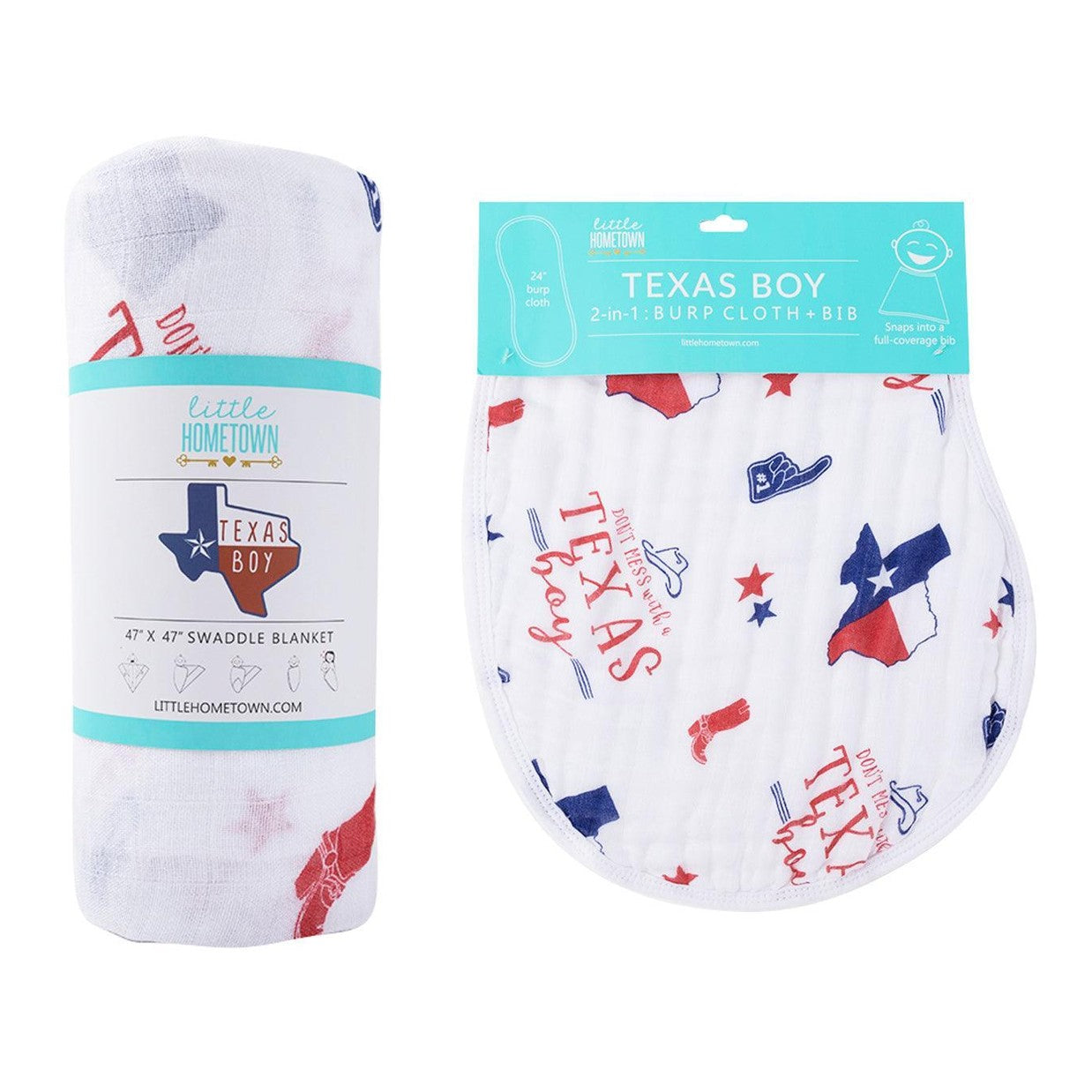 Conjunto de regalo: manta de muselina para envolver al bebé y paño eructador/babero combinados para niño de Texas Baby 
