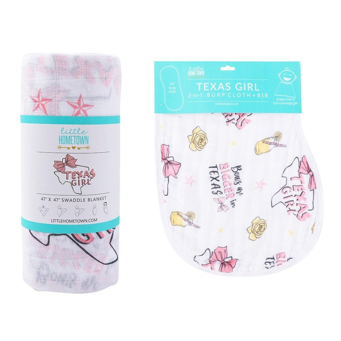 Conjunto de regalo: manta de muselina para envolver al bebé y paño eructador/babero combinados para niña de Texas Baby 