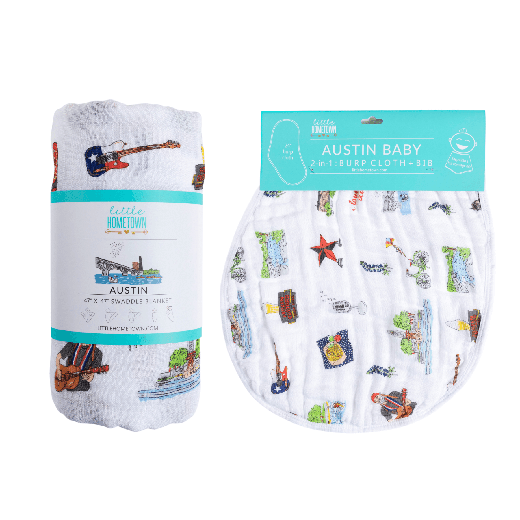 Conjunto de regalo: manta de muselina para envolver al bebé y paño para eructar/babero combinado de Austin Baby