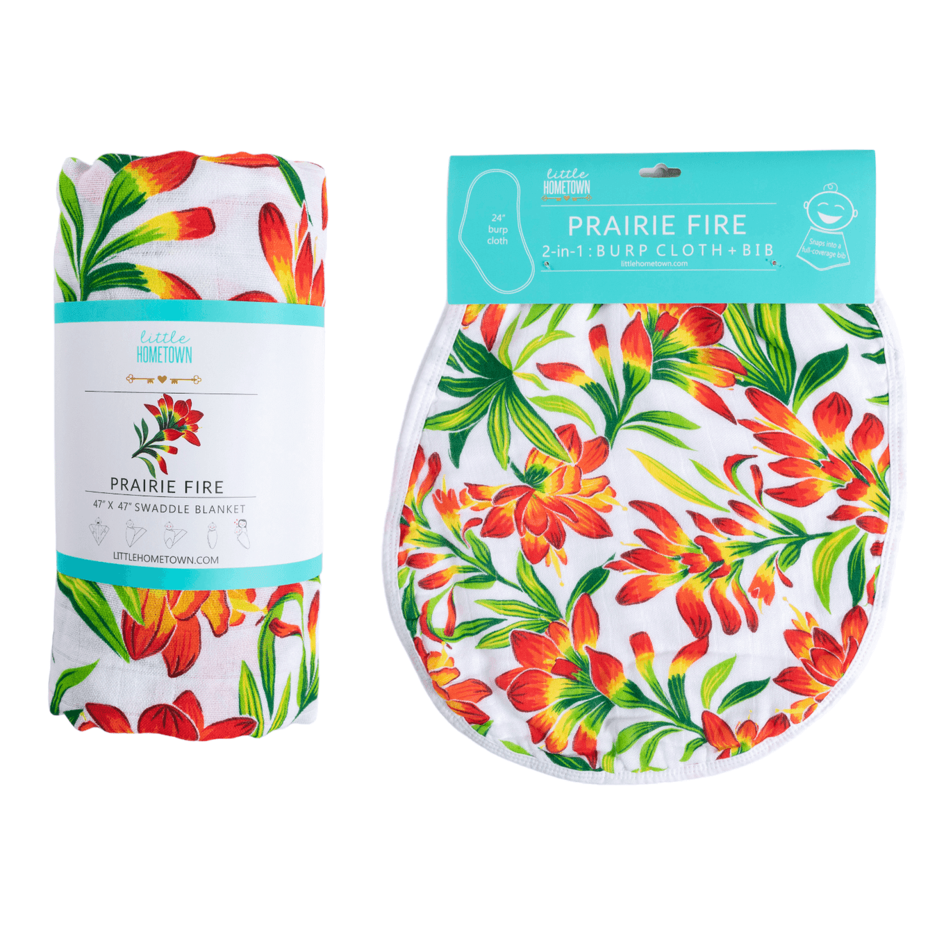Conjunto de regalo: manta de muselina para bebé Prairie Fire y paño eructador/babero combinado