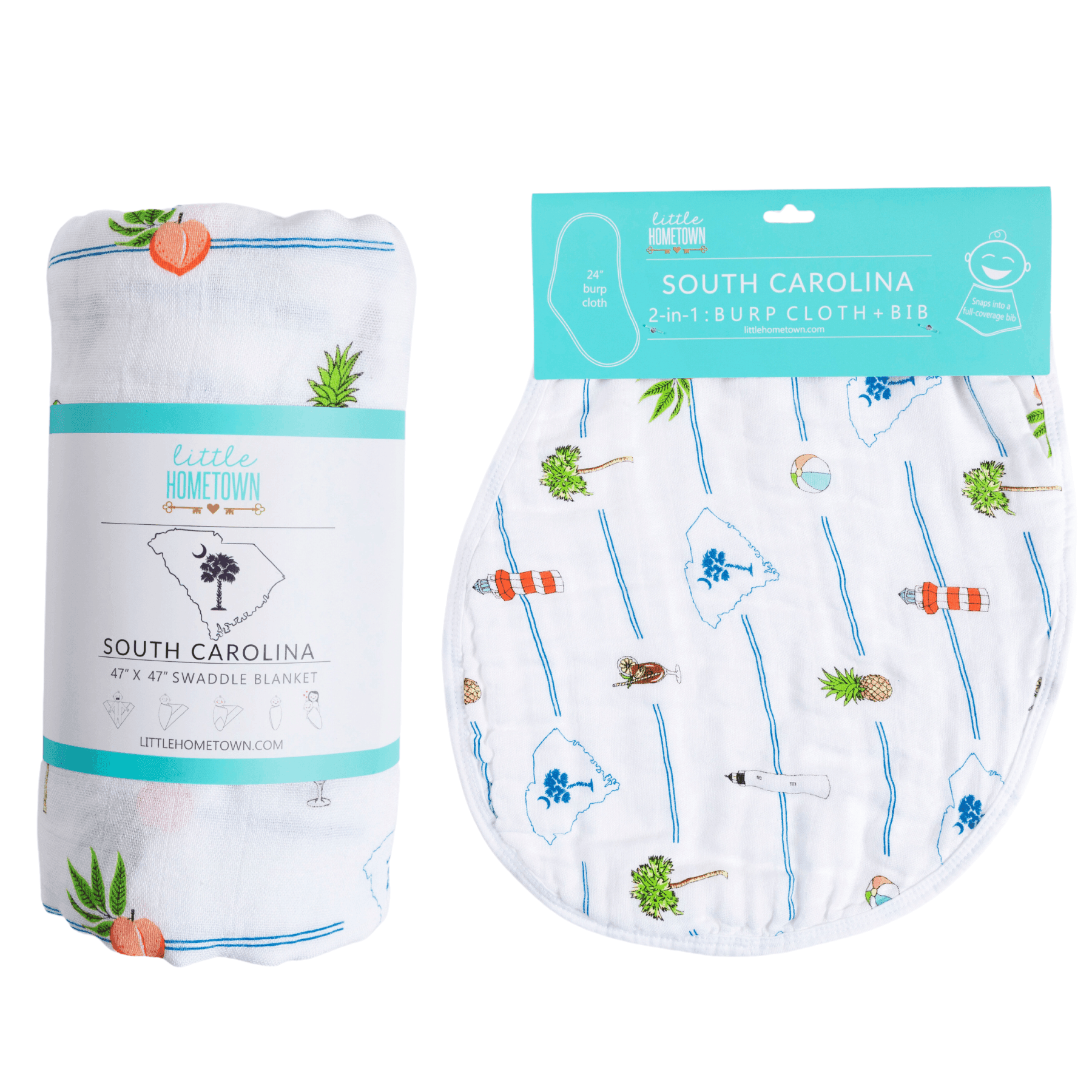 Conjunto de regalo: manta de muselina para envolver al bebé y paño para eructar/babero combinado de Carolina del Sur