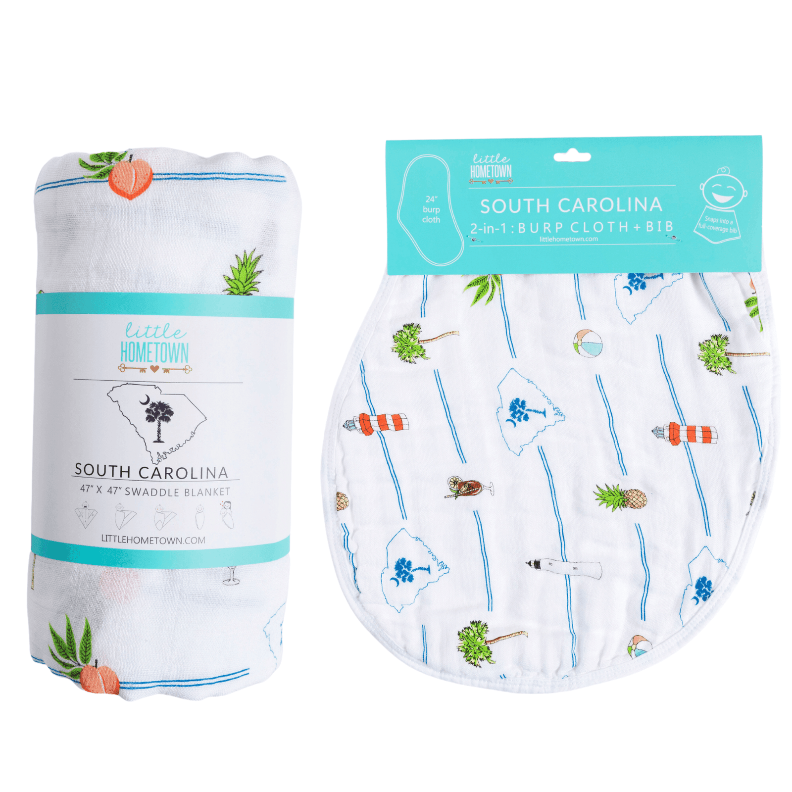 Conjunto de regalo: manta de muselina para envolver al bebé y paño para eructar/babero combinado de Carolina del Sur