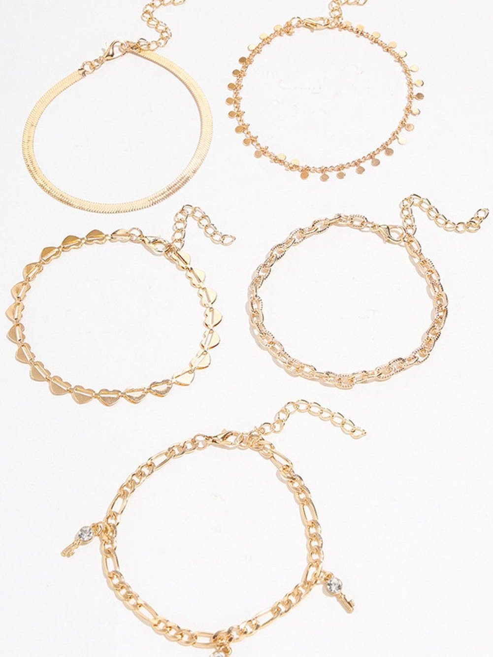Gold Rhinestone Heart Charm 5-piece Anklet Set