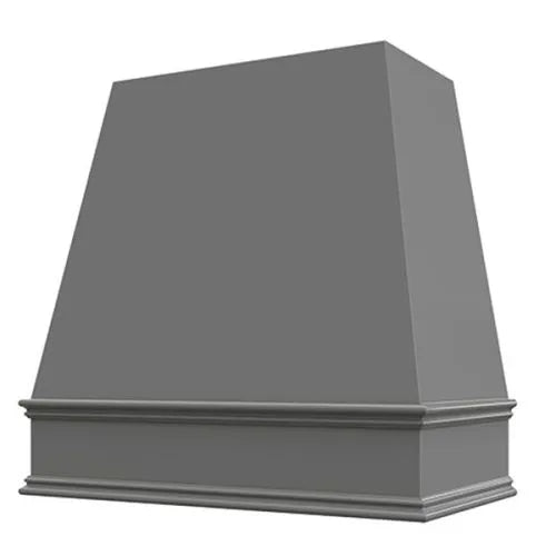 Campana extractora de madera gris con frente cónico y borde decorativo: anchos disponibles de 30", 36", 42", 48", 54" y 60"