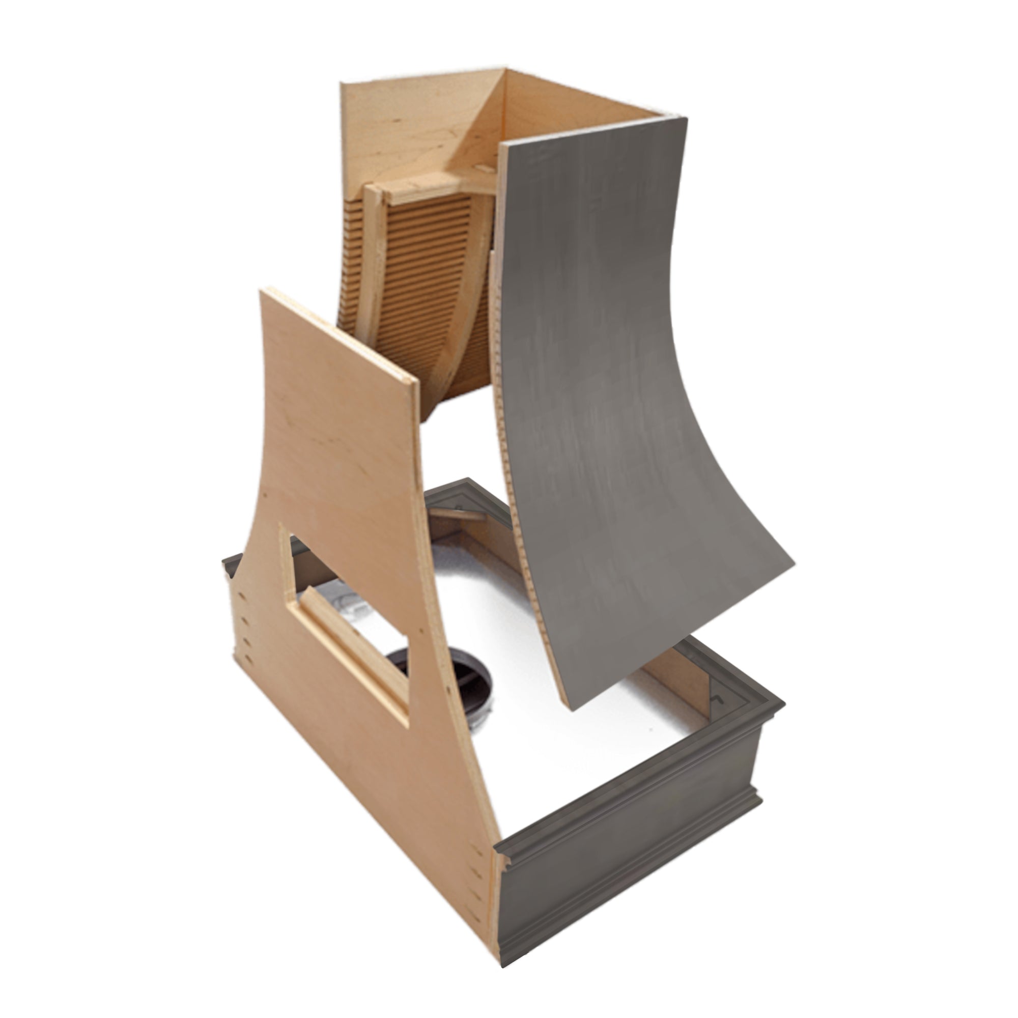 Campana extractora de madera teñida de color gris con frente inclinado y borde decorativo: anchos disponibles de 30", 36", 42", 48", 54" y 60"