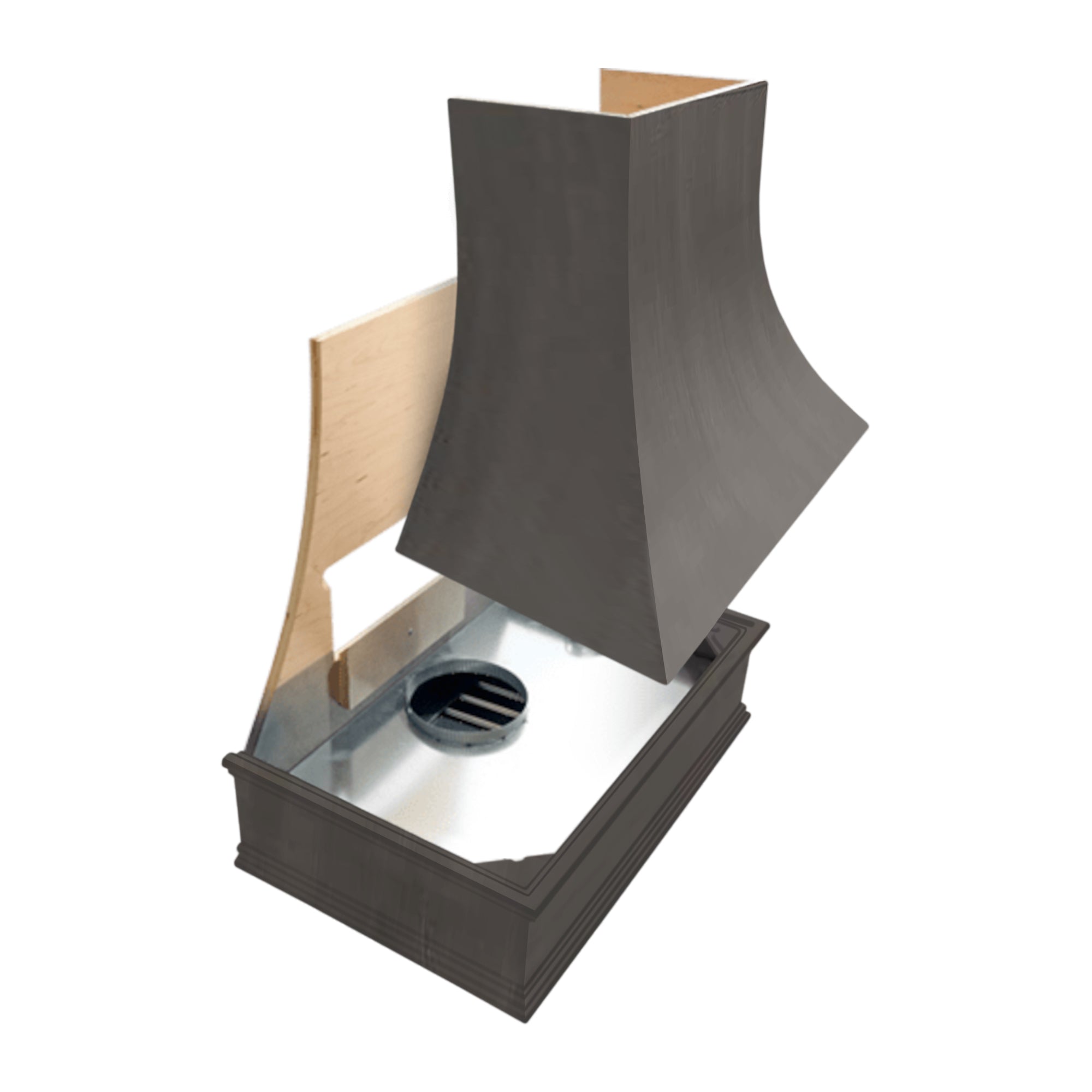 Campana extractora de madera teñida de color gris con frente en ángulo y banda de nogal: anchos disponibles de 30", 36", 42", 48", 54" y 60"