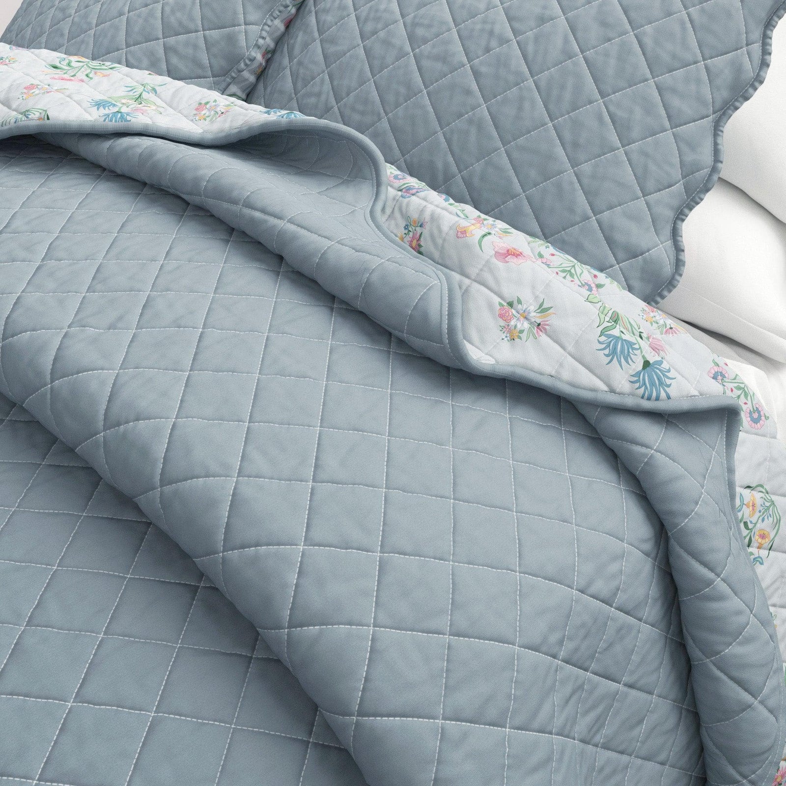 Floral Print & Scalloped Edge Cotton Quilt Set - Katrin Collection