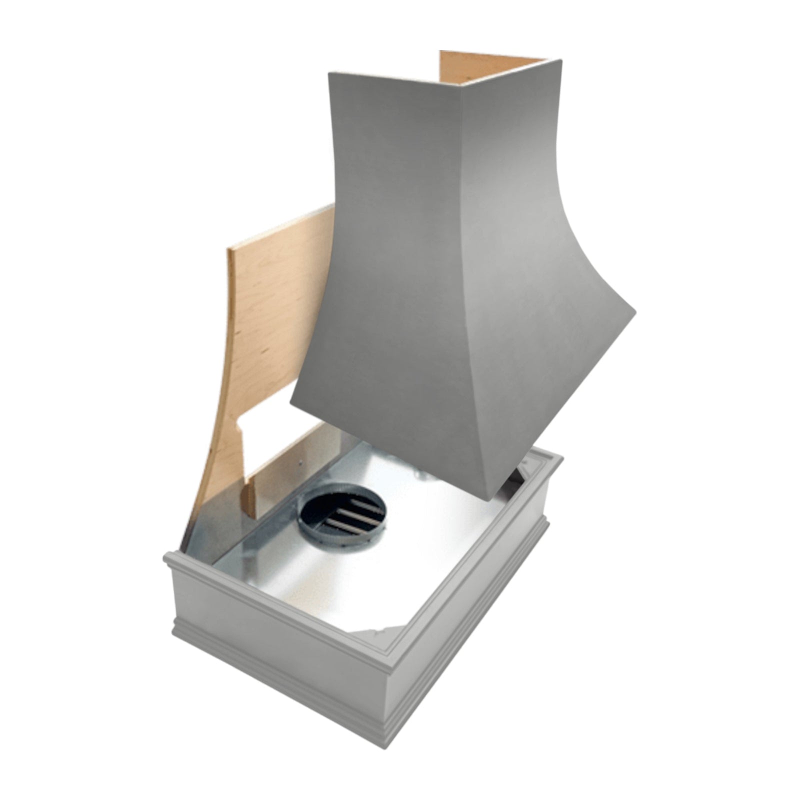 Grey Wood Range Hood With Tapered Shiplap Front and Block Trim - 30