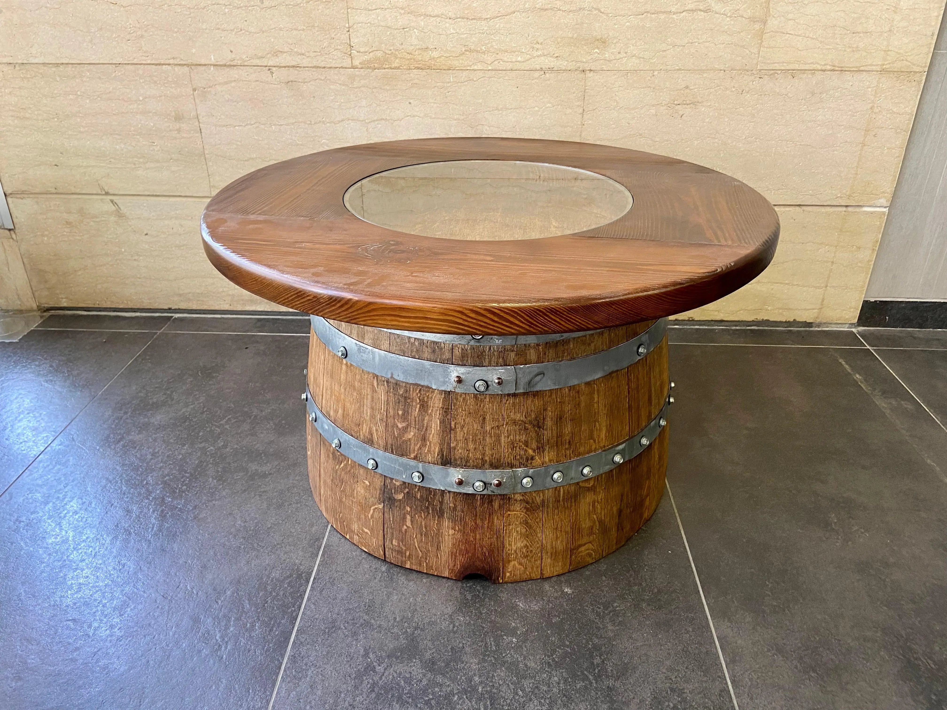 Mesa de centro de medio barril con tapa de cristal extraíble - Mesa de almacenamiento de barril de vino, whisky y bourbon - Muebles rústicos