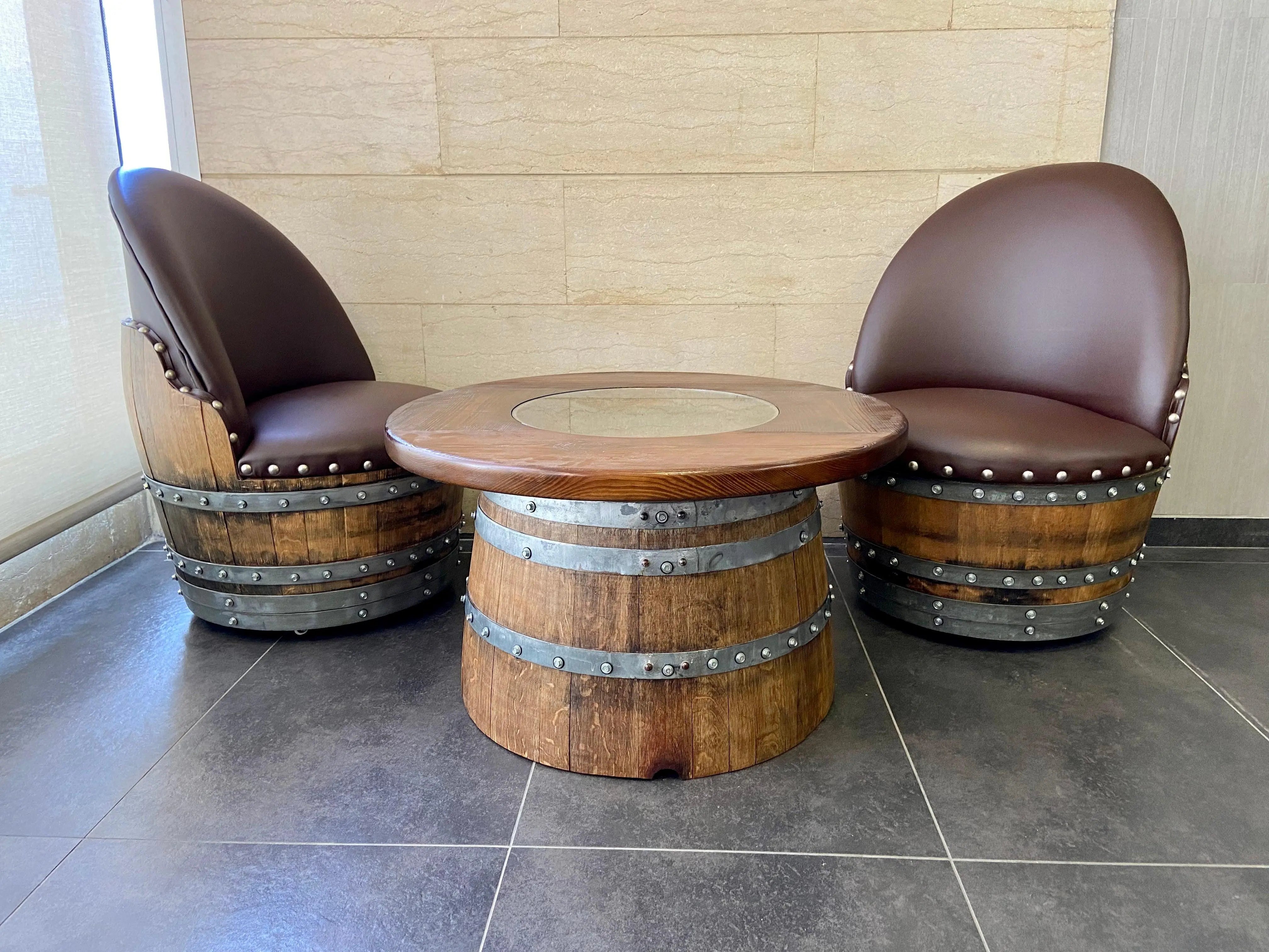 Mesa de centro de medio barril con tapa de cristal extraíble - Mesa de almacenamiento de barril de vino, whisky y bourbon - Muebles rústicos