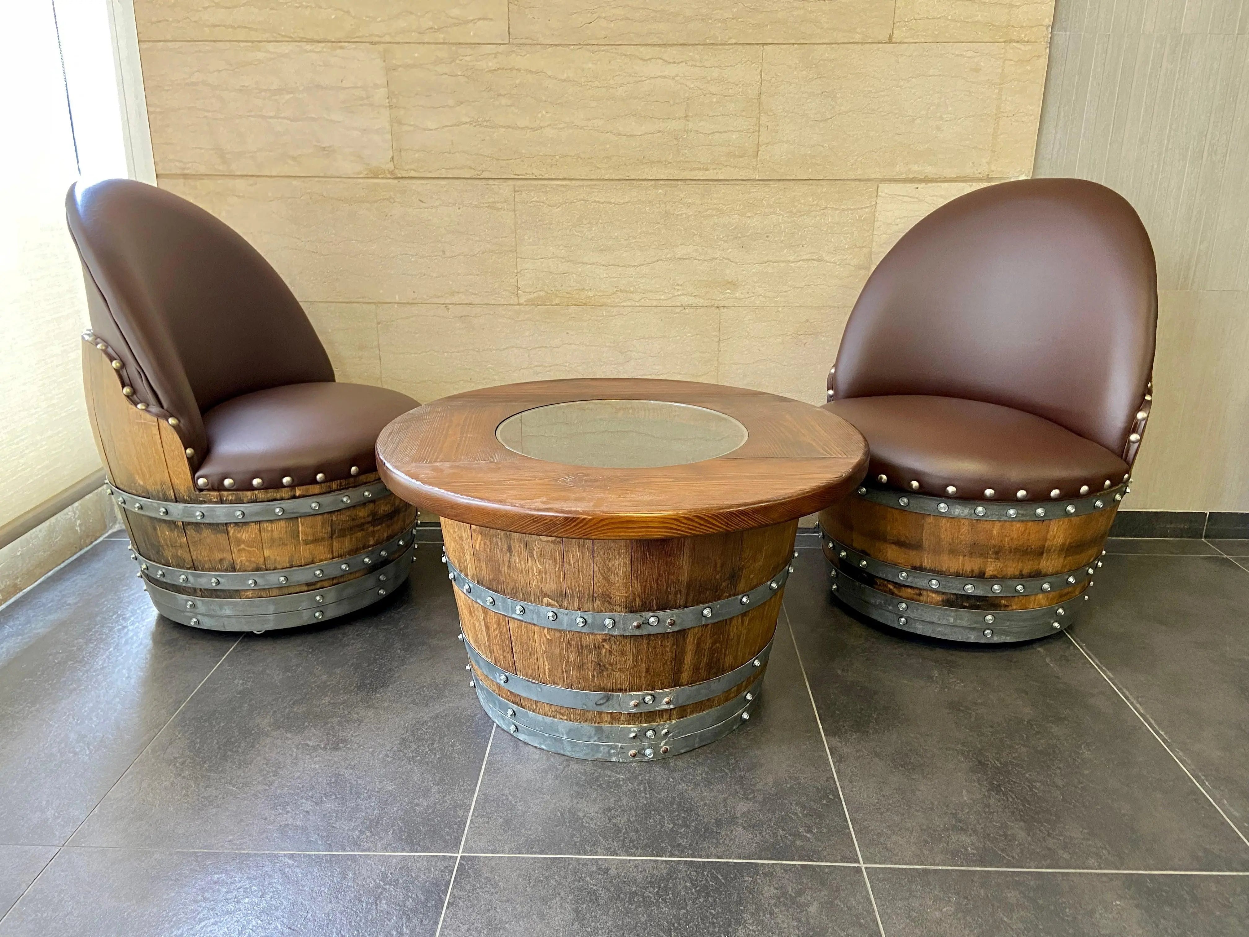 Mesa de centro de medio barril con tapa de cristal extraíble - Mesa de almacenamiento de barril de vino, whisky y bourbon - Muebles rústicos