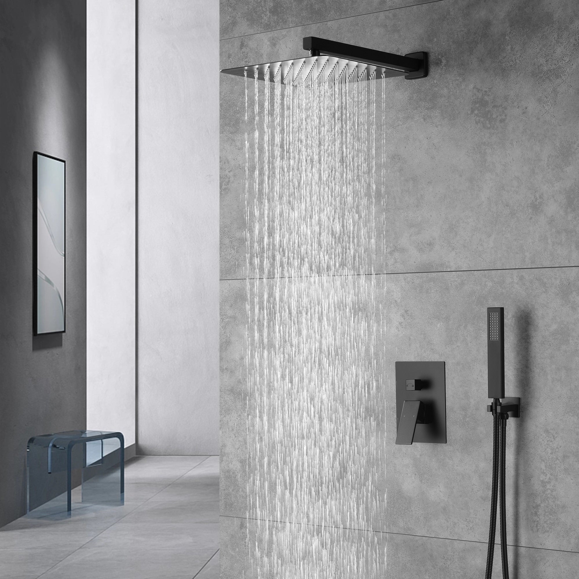 Grifo de ducha de lluvia de pared negro mate de doble función con válvula de compensación de presión