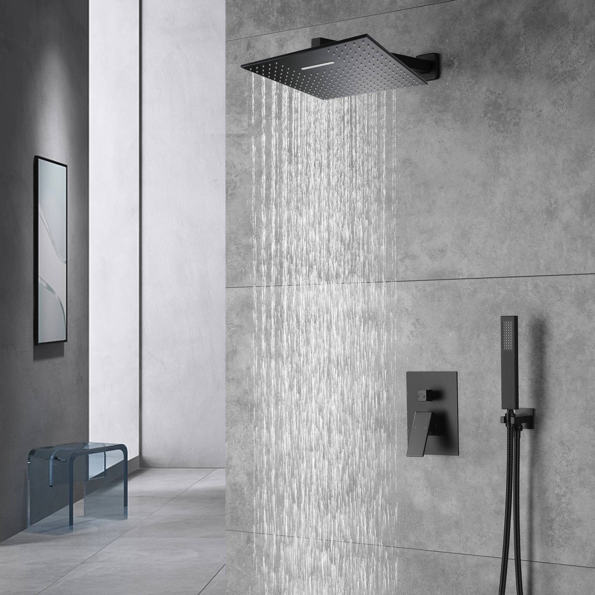 Grifo de ducha de lluvia de pared negro mate de doble función con válvula de compensación de presión