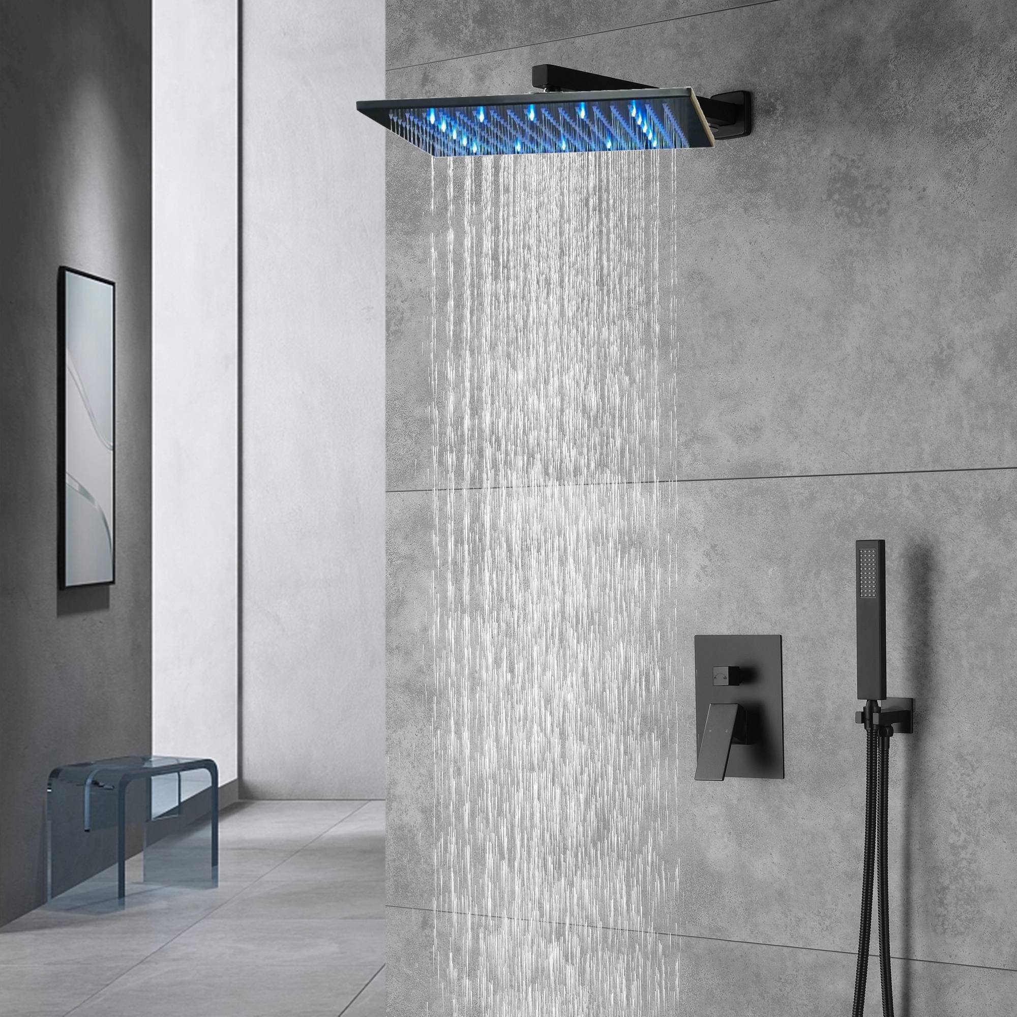 Grifo de ducha de lluvia de pared negro mate de doble función con válvula de compensación de presión