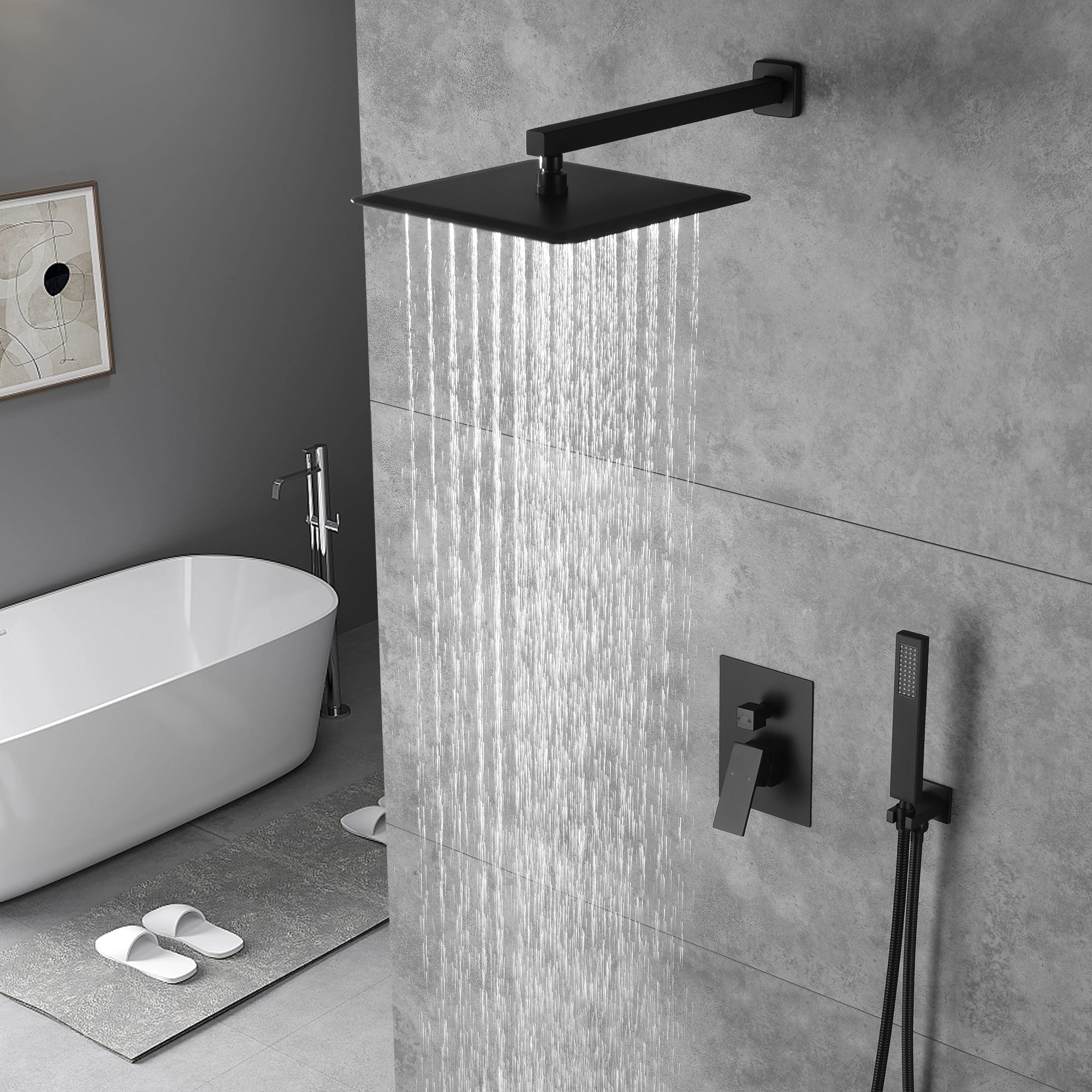 Grifo de ducha de lluvia de pared negro mate de doble función con válvula de compensación de presión