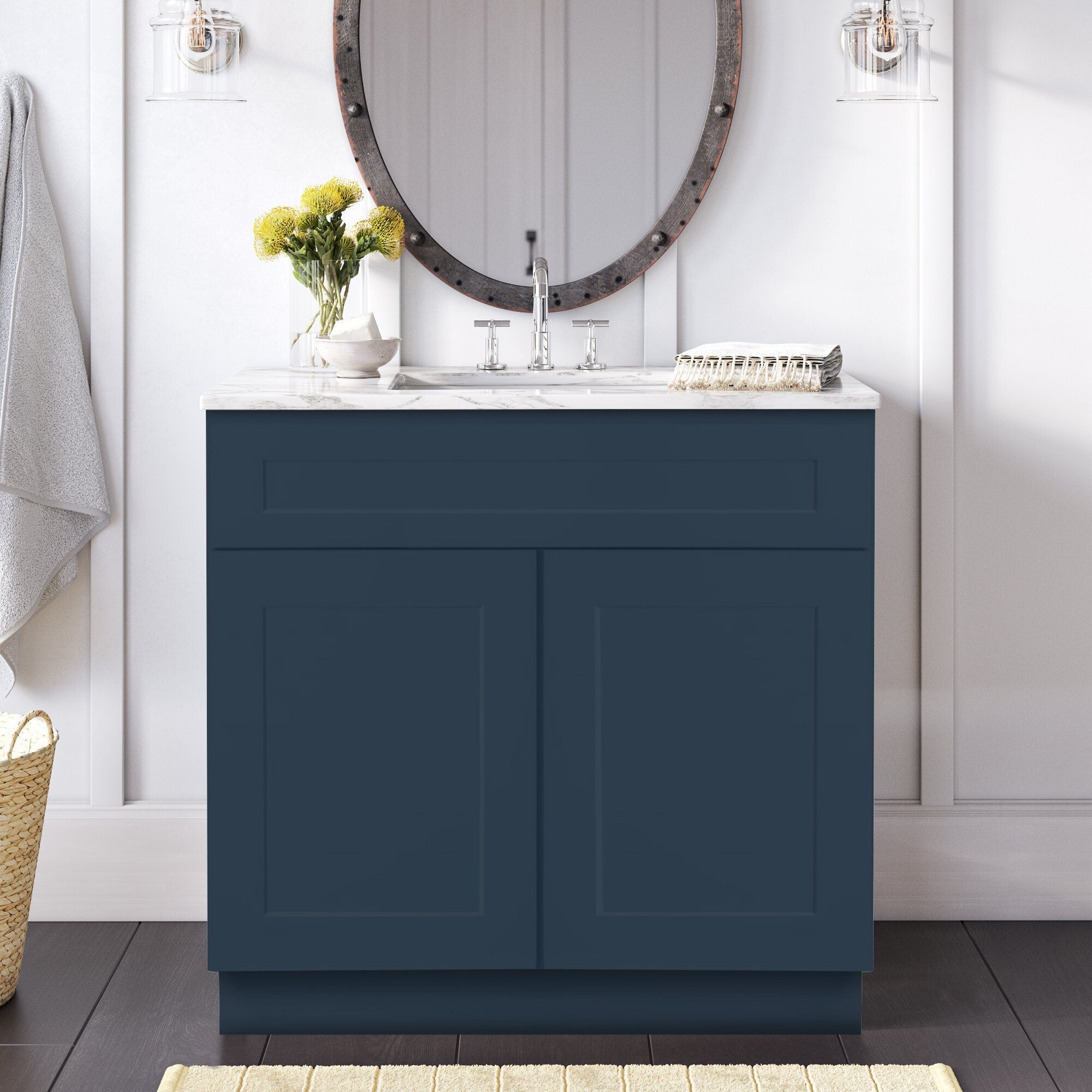 Mueble de baño con lavabo individual de 30 pulgadas, estilo shaker, color azul marino
