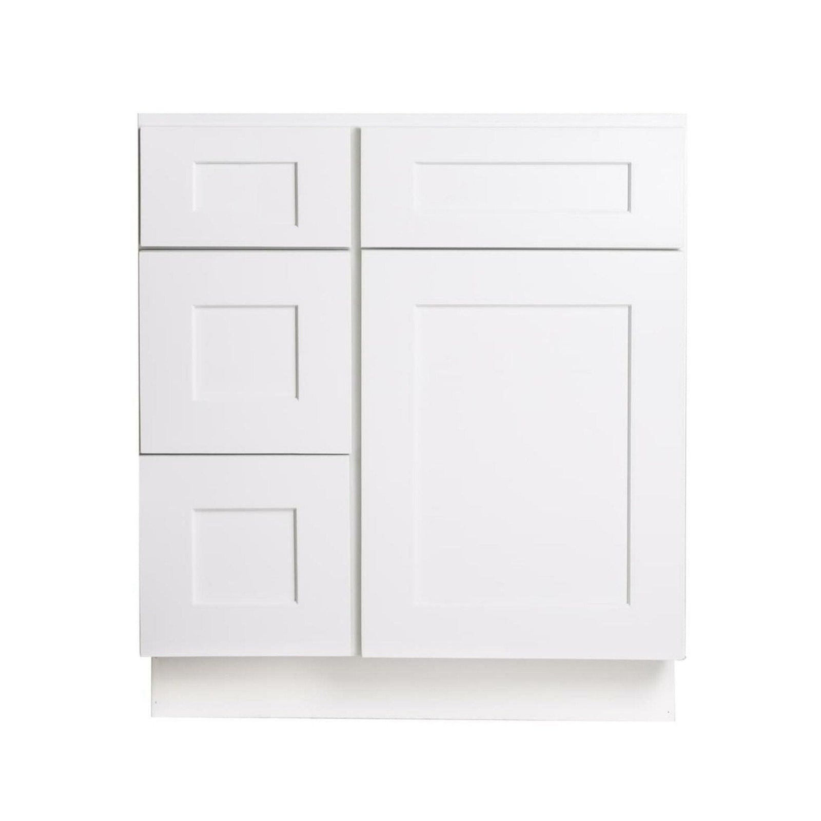Mueble de baño blanco de 30 pulgadas con lavabo individual y cajones a la izquierda