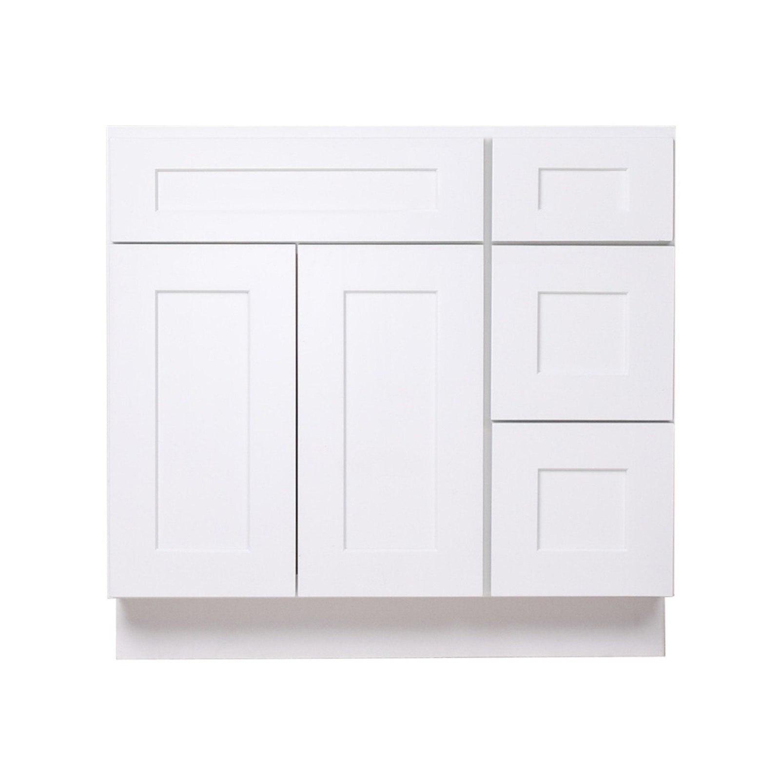 Mueble de baño blanco de 36 pulgadas con lavabo individual y cajones a la derecha