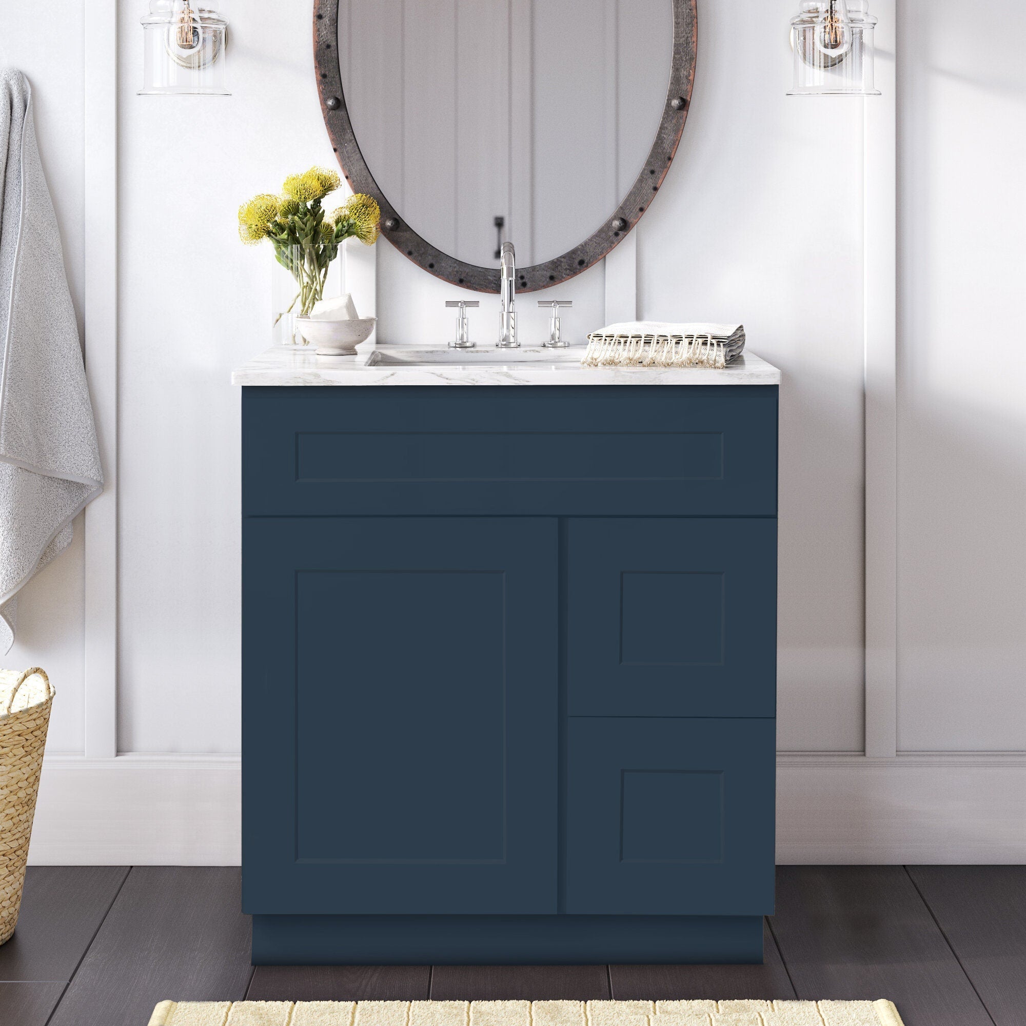 Mueble de baño de 30 pulgadas con lavabo individual en color azul marino y cajones a la derecha