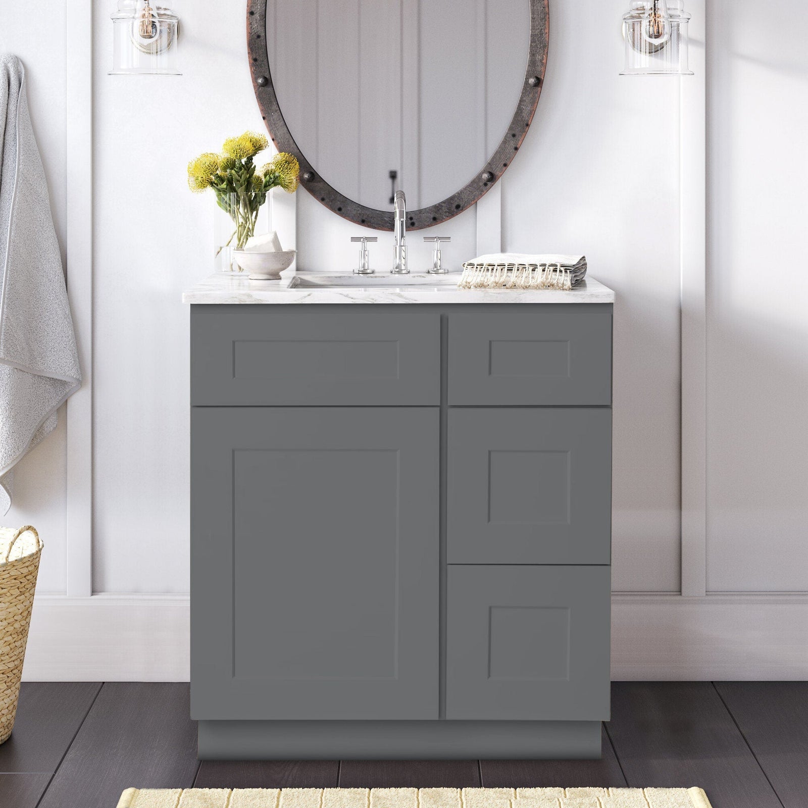 Mueble de baño gris Shaker de 30 pulgadas con lavabo individual y cajones a la derecha